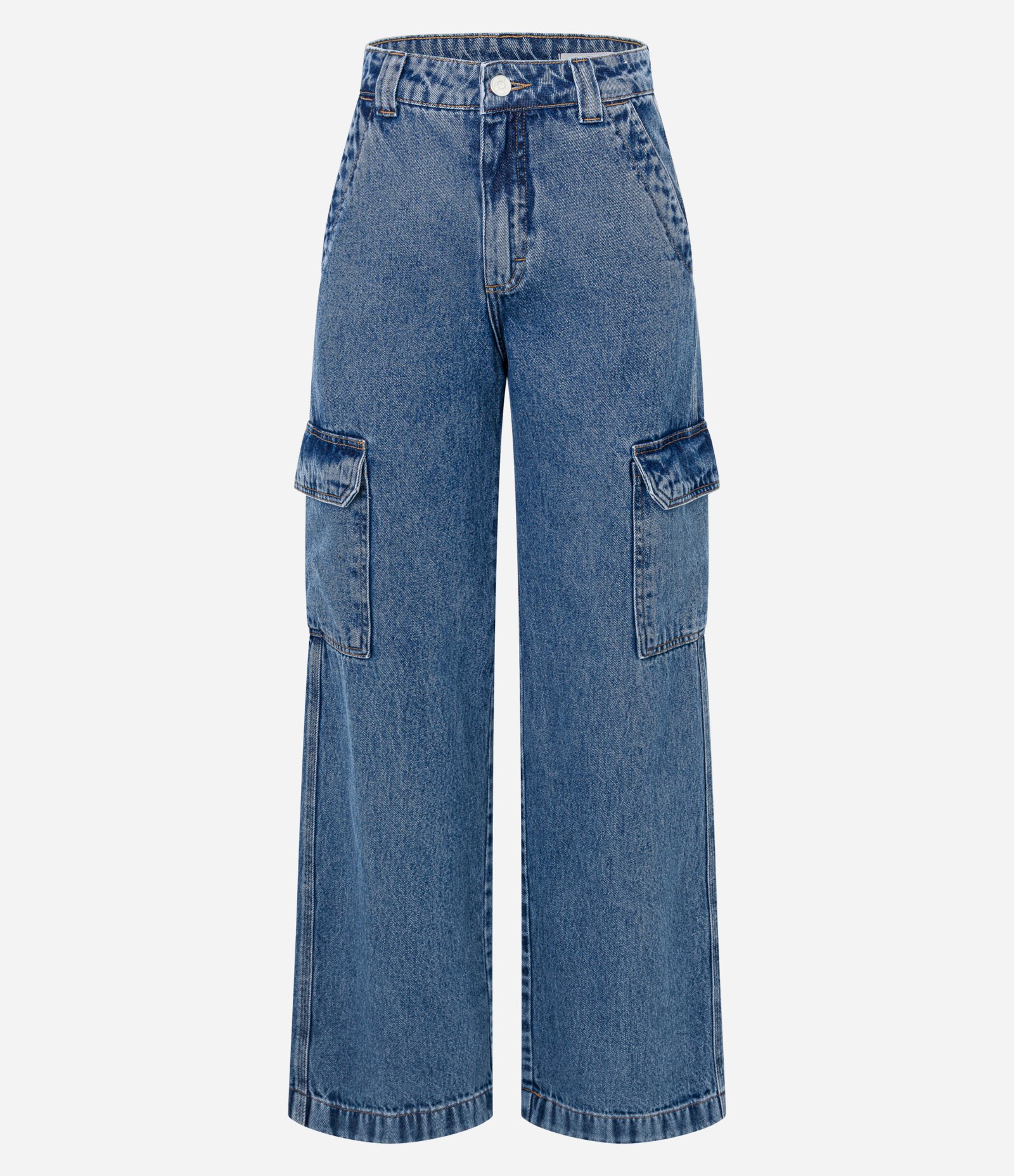 Calça Reta Comfort em Jeans com Bolsos Cargo Médio 1