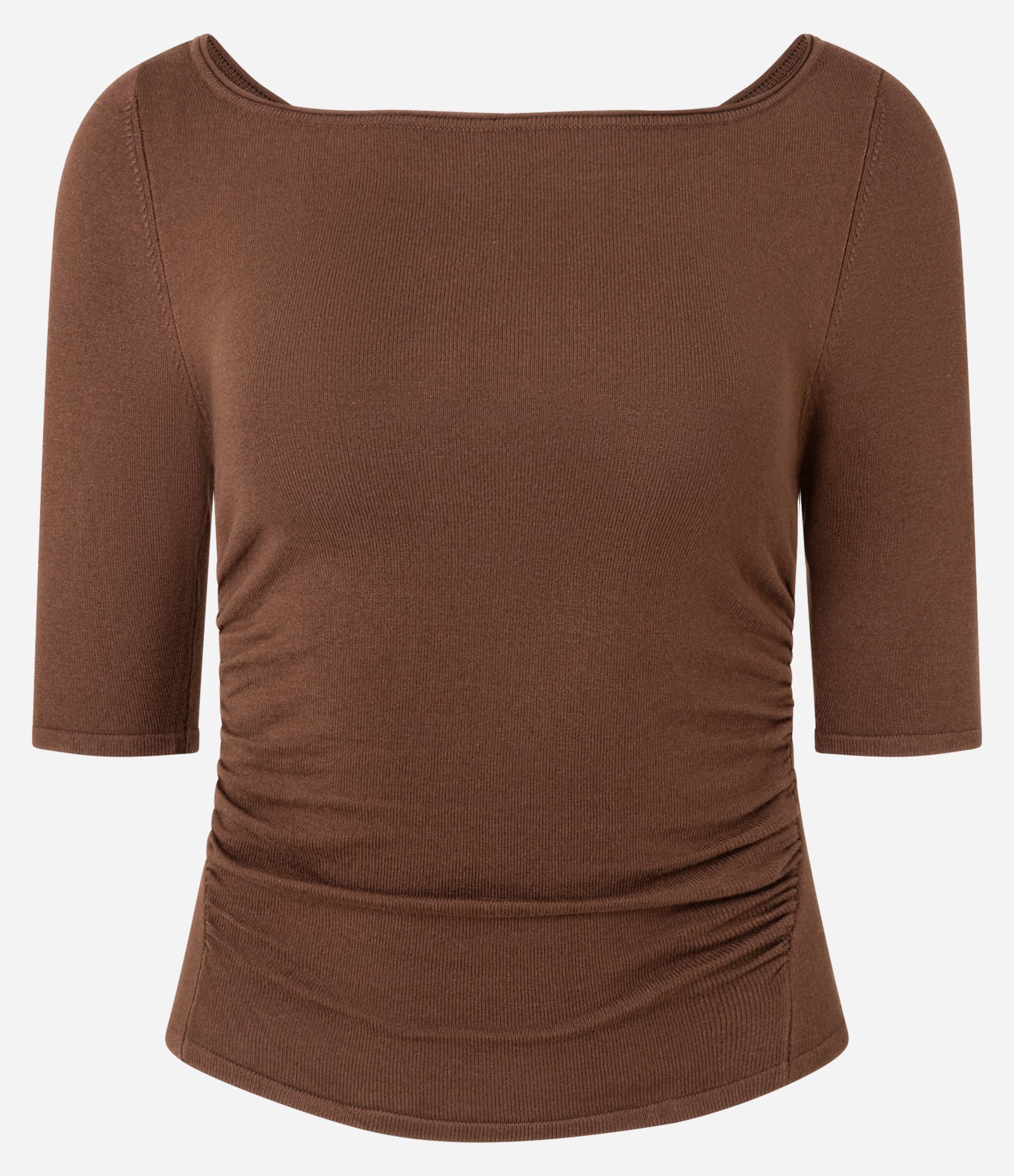 Blusa em Tricô com Decote Quadrado e Franzidos Marrom 5