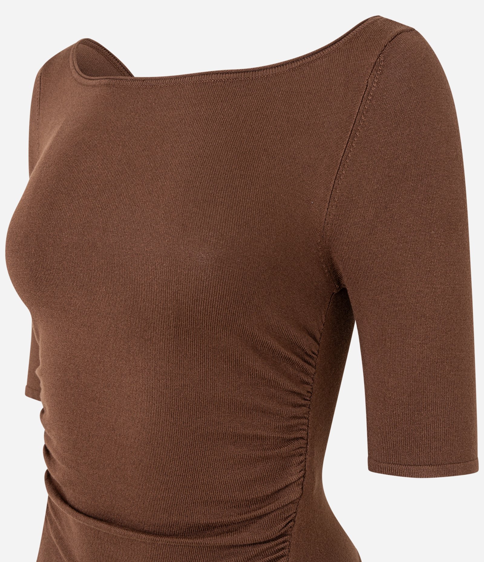 Blusa em Tricô com Decote Quadrado e Franzidos Marrom 6