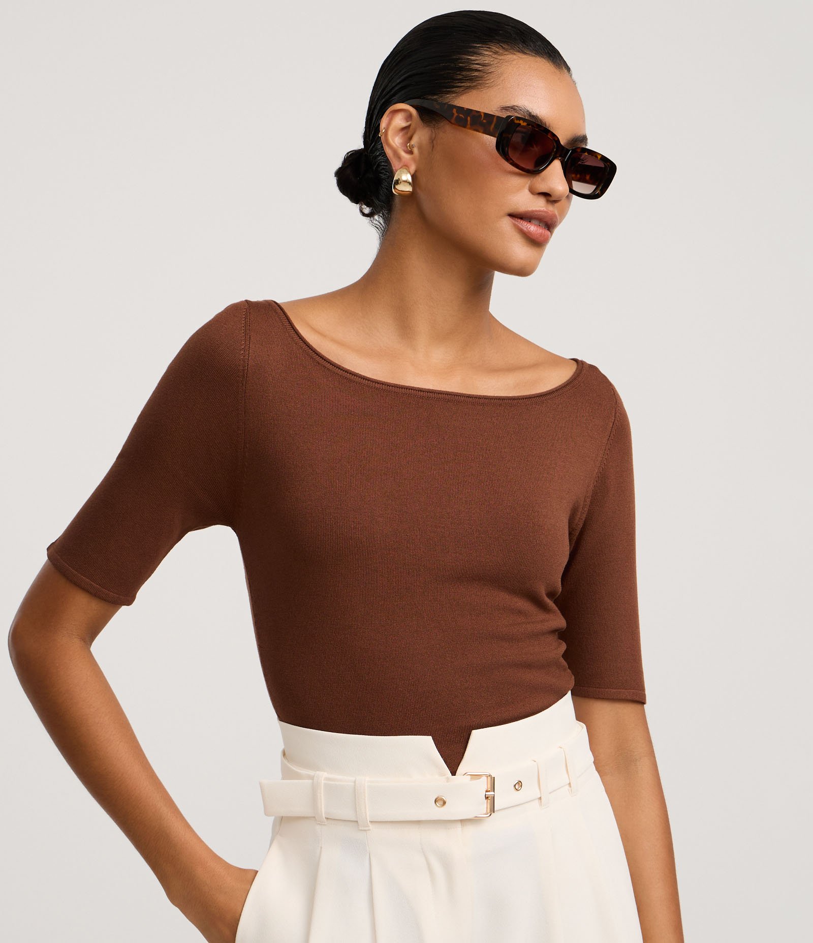 Blusa em Tricô com Decote Quadrado e Franzidos Marrom 1