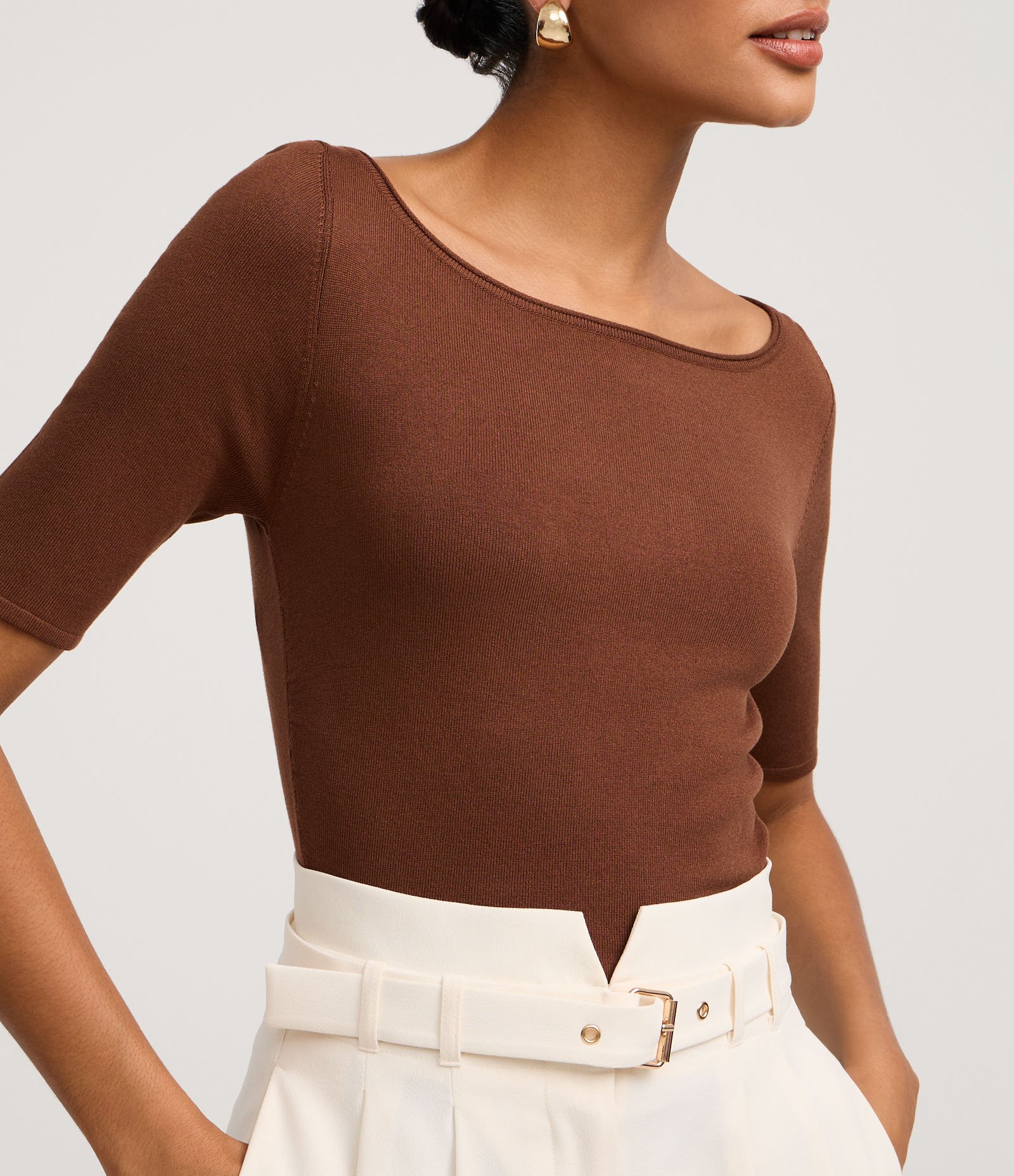 Blusa em Tricô com Decote Quadrado e Franzidos Marrom 4