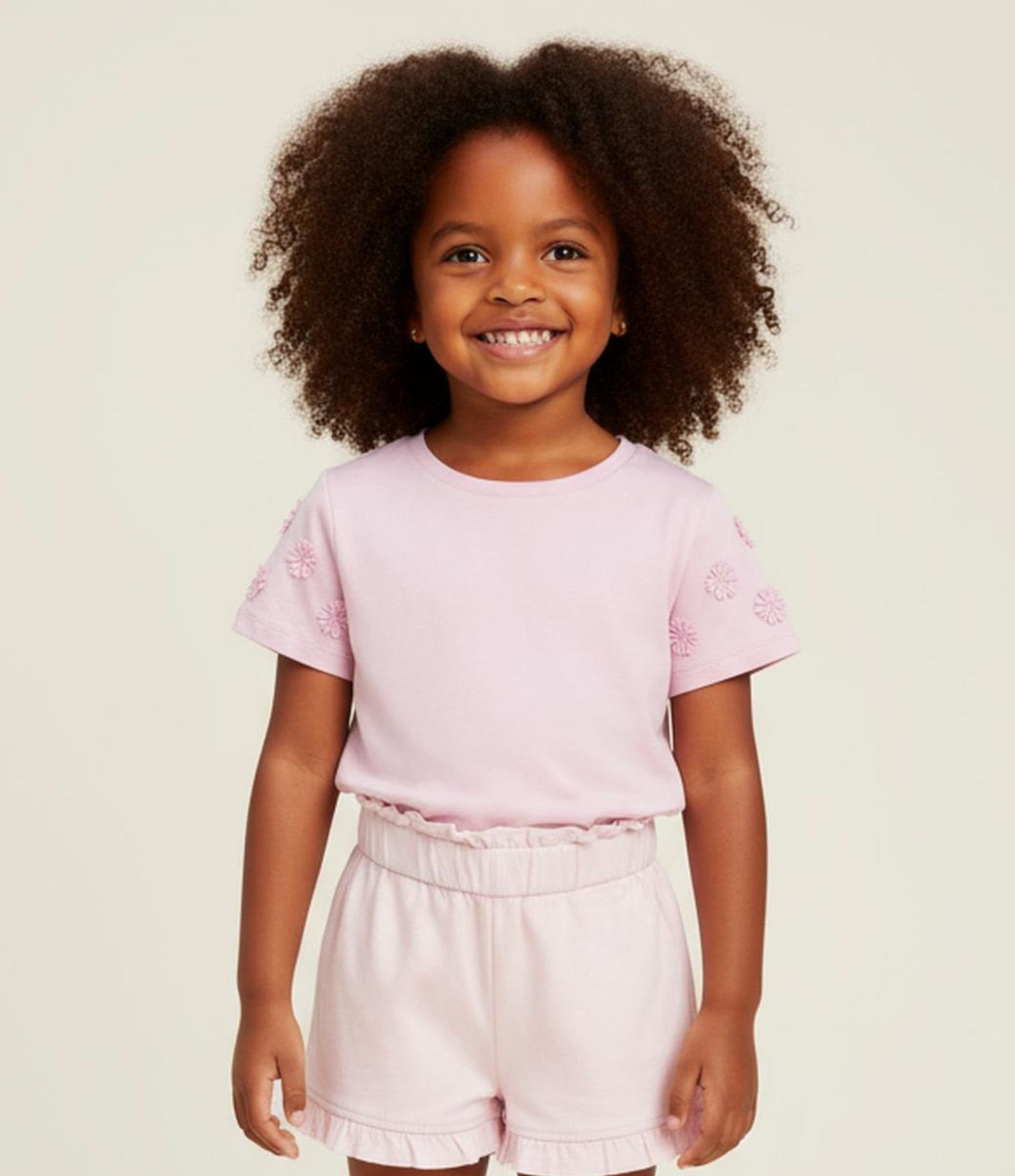 Blusa Infantil com Florzinhas Aplicadas na Manga - Tam 1 a 6 Anos Rosa 1