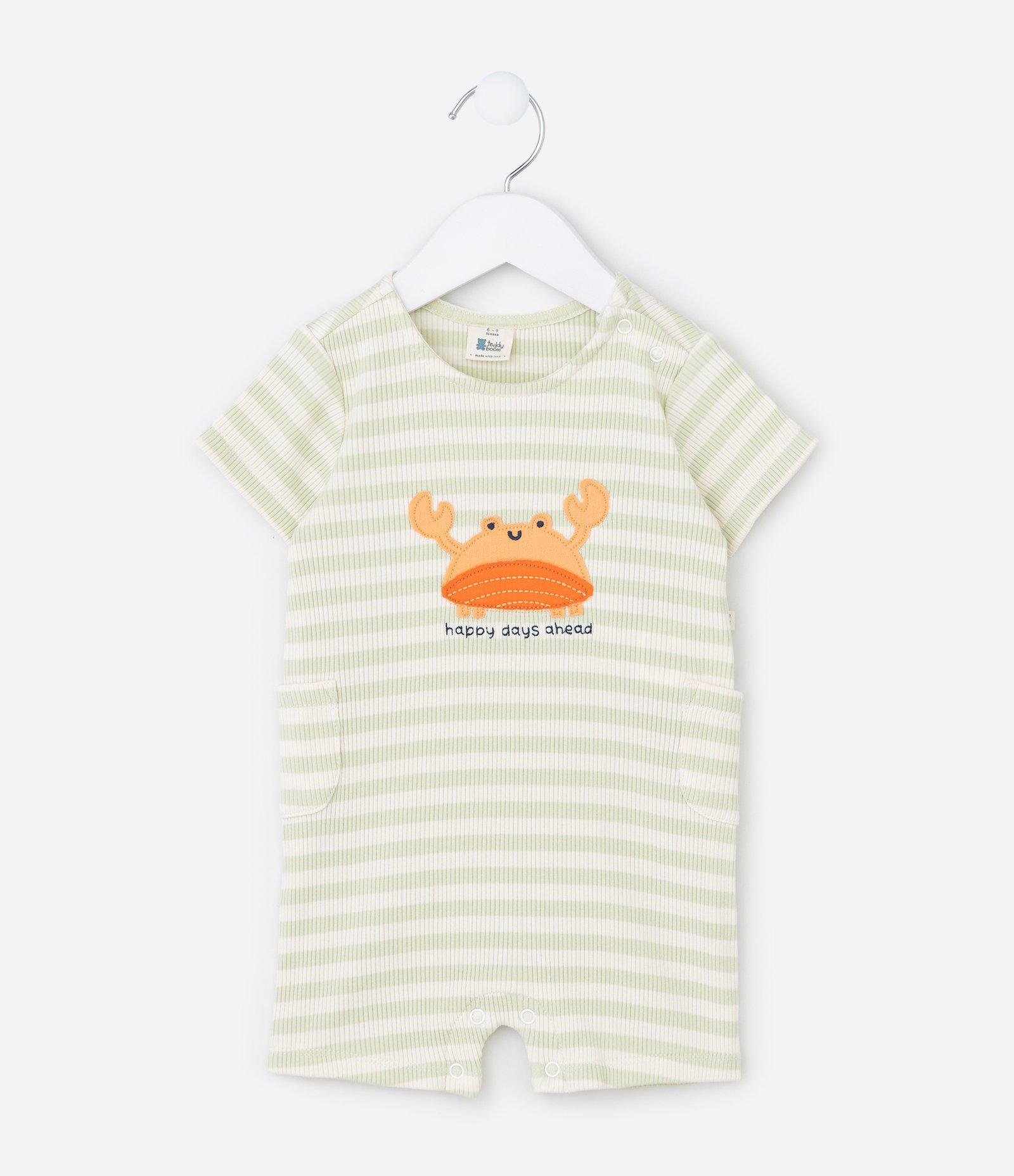 Macacão Infantil com Bordado de Caranguejo e Listras Canelado - Tam 0 a 18 Meses Verde 1