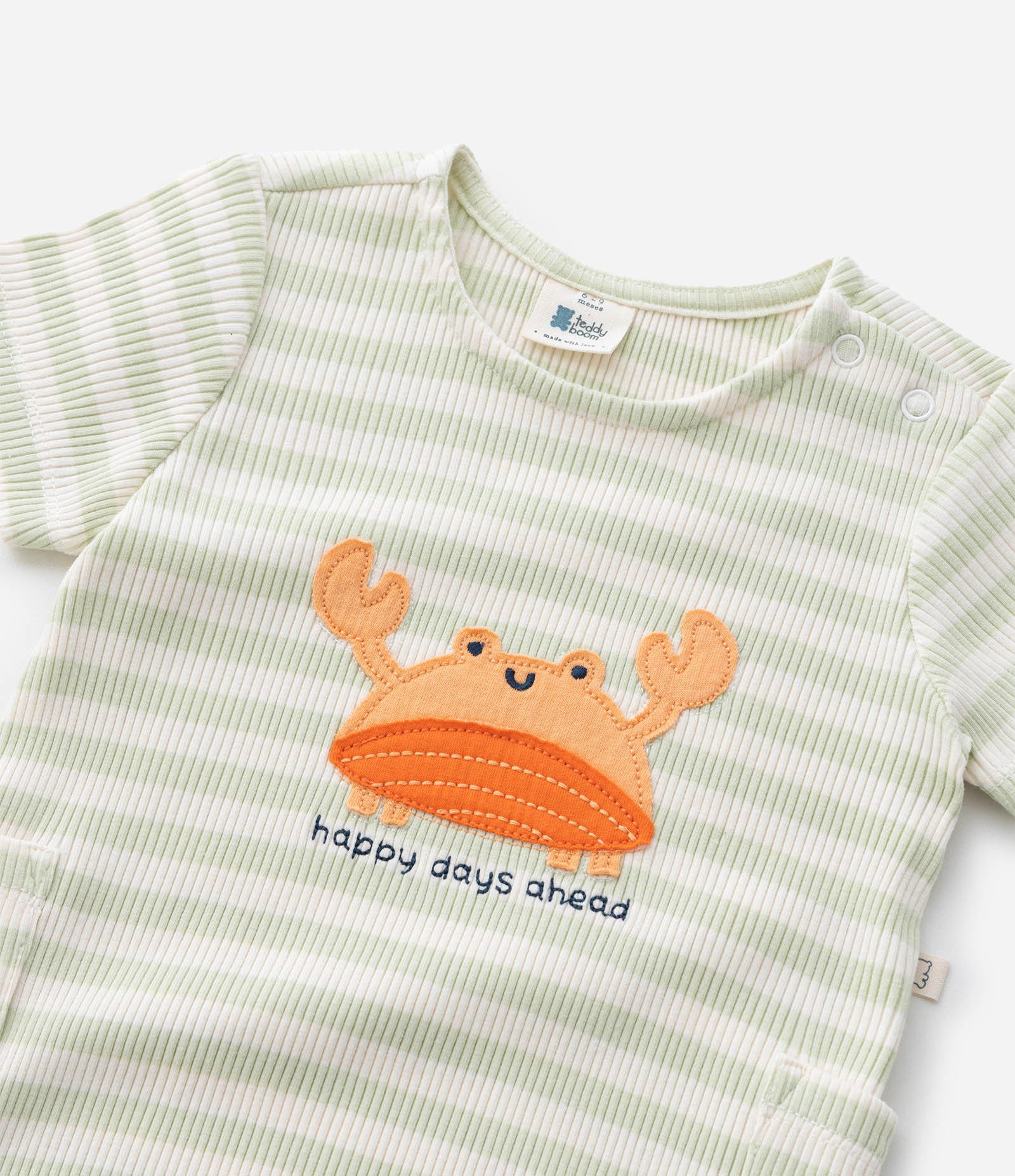 Macacão Infantil com Bordado de Caranguejo e Listras Canelado - Tam 0 a 18 Meses Verde 5