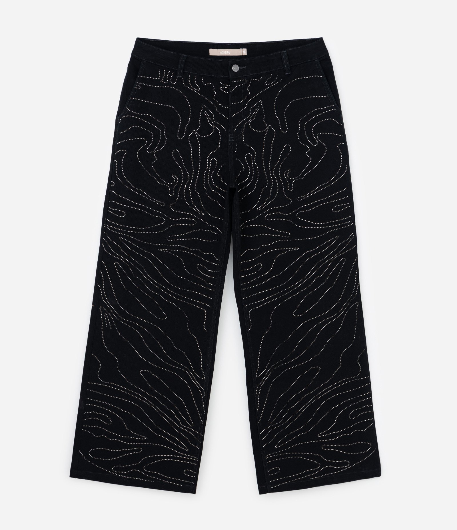 Calça Wide Leg em Sarja com Brilhos Frontais Curve & Plus Size Preto 6