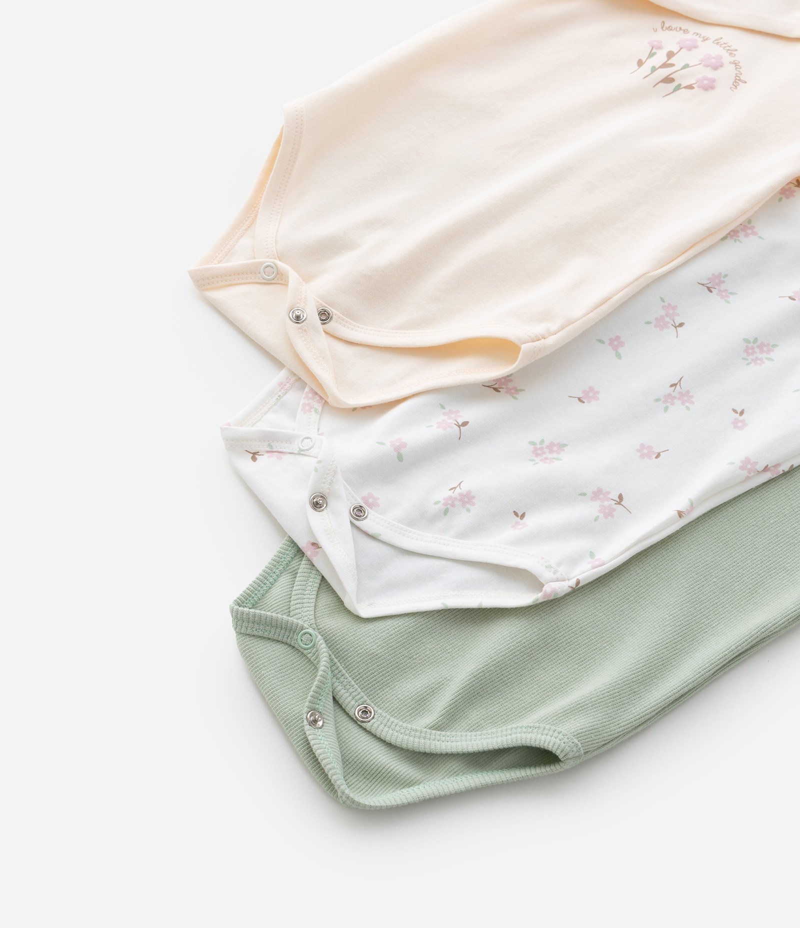 Kit 03 Bodies Infantis com Estampa Flores - Tam 0 a 18 meses Verde/Branco/Rosa 8