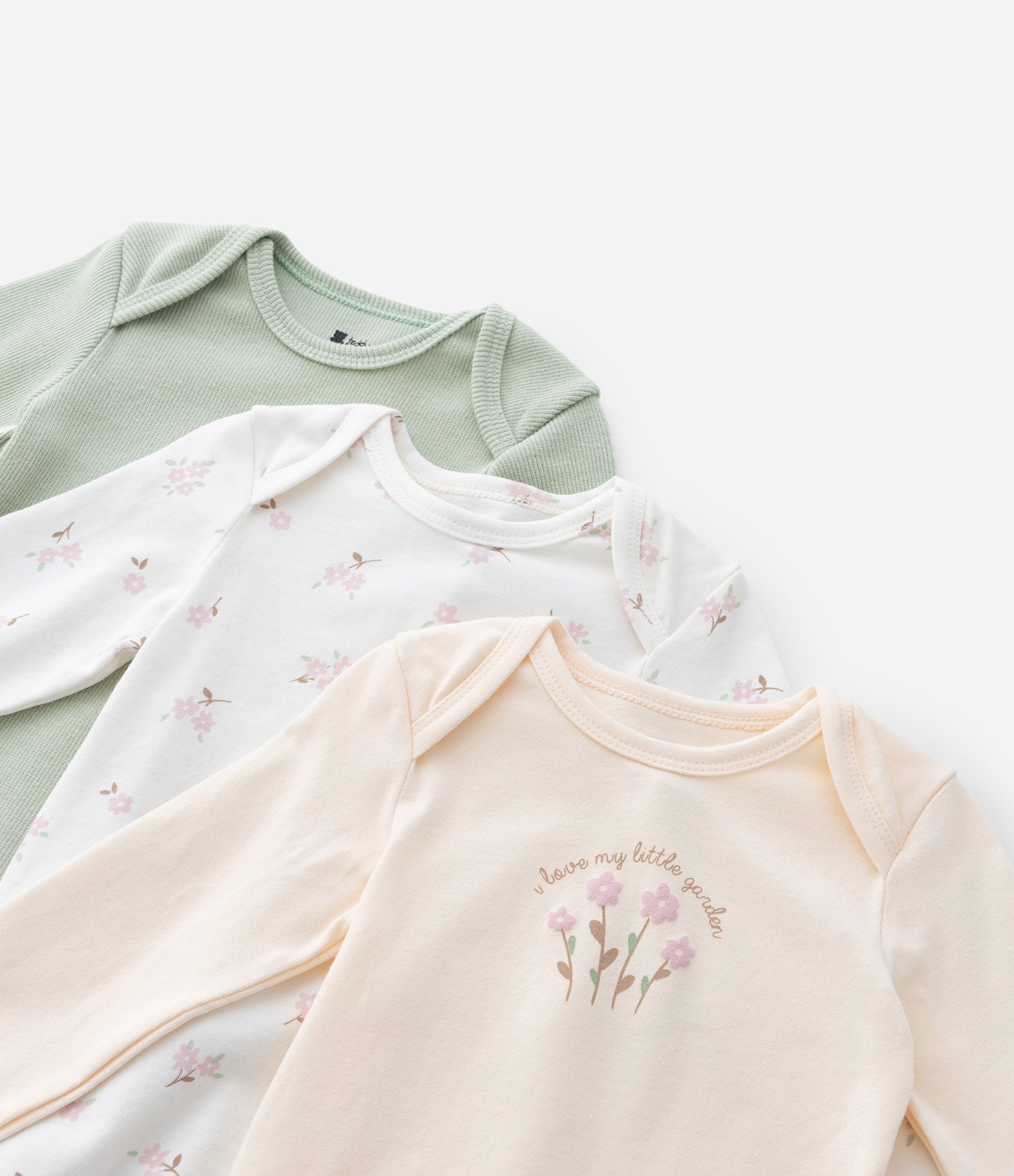Kit 03 Bodies Infantis com Estampa Flores - Tam 0 a 18 meses Verde/Branco/Rosa 10