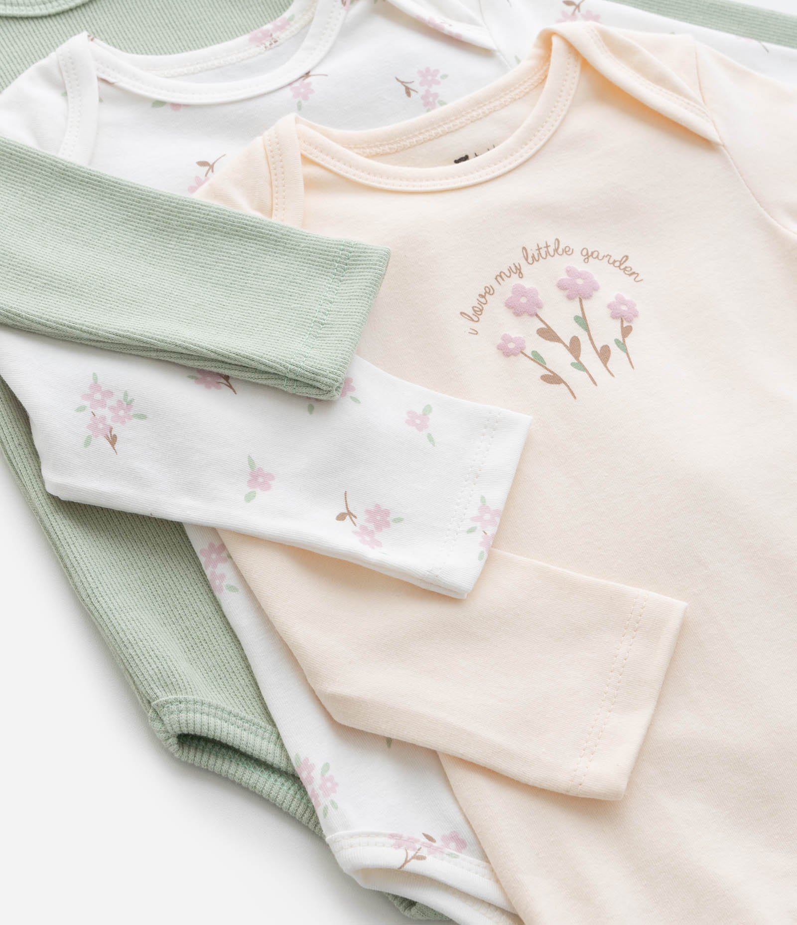 Kit 03 Bodies Infantis com Estampa Flores - Tam 0 a 18 meses Verde/Branco/Rosa 6