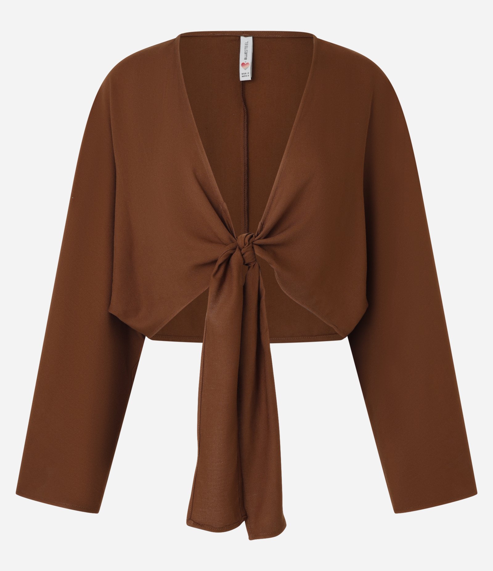 Blusa Cropped em Viscose Twill com Amarração e Manga Ampla Marrom 4