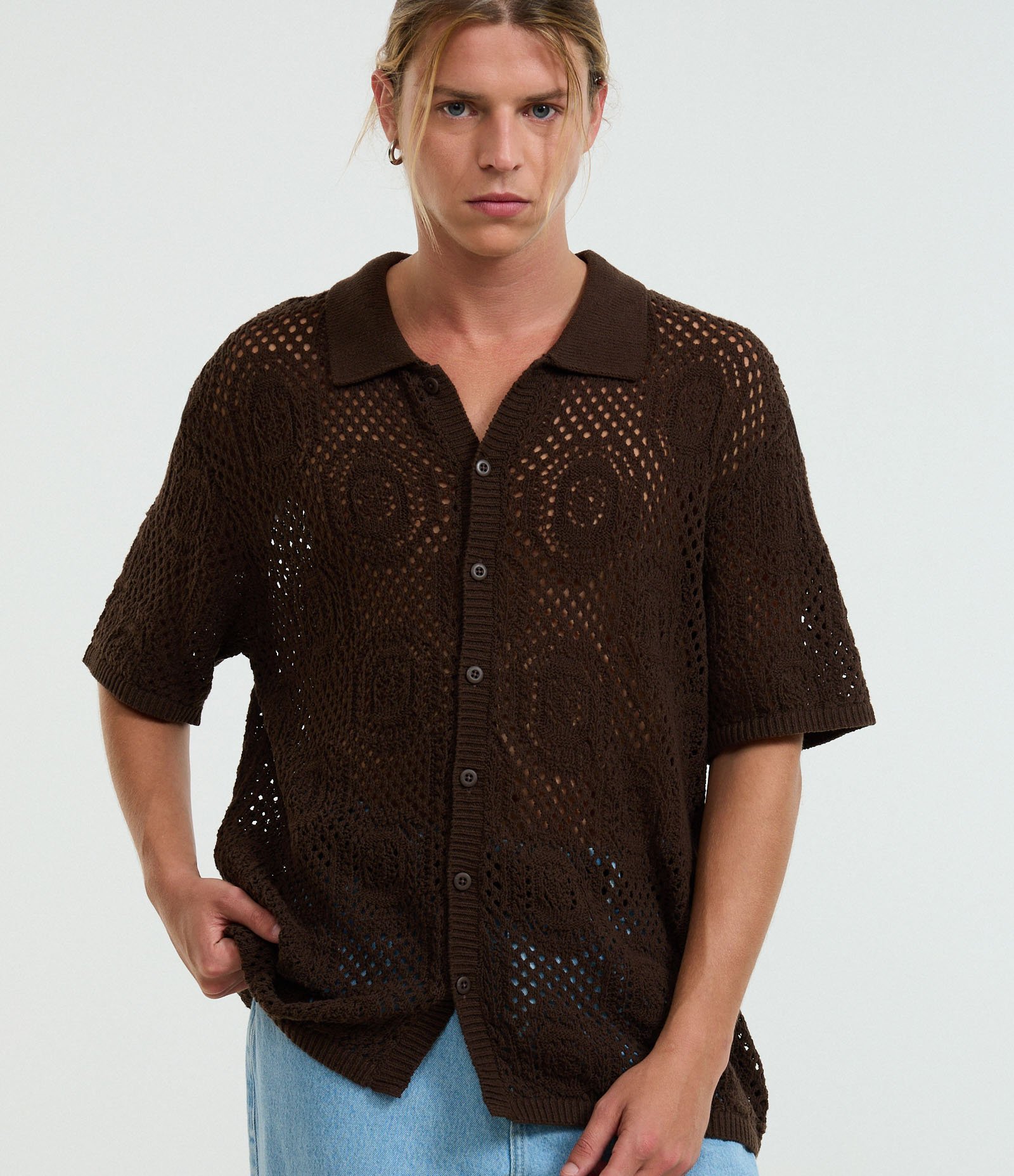 Camisa Boxy em Tricô com Textura Marrom 1