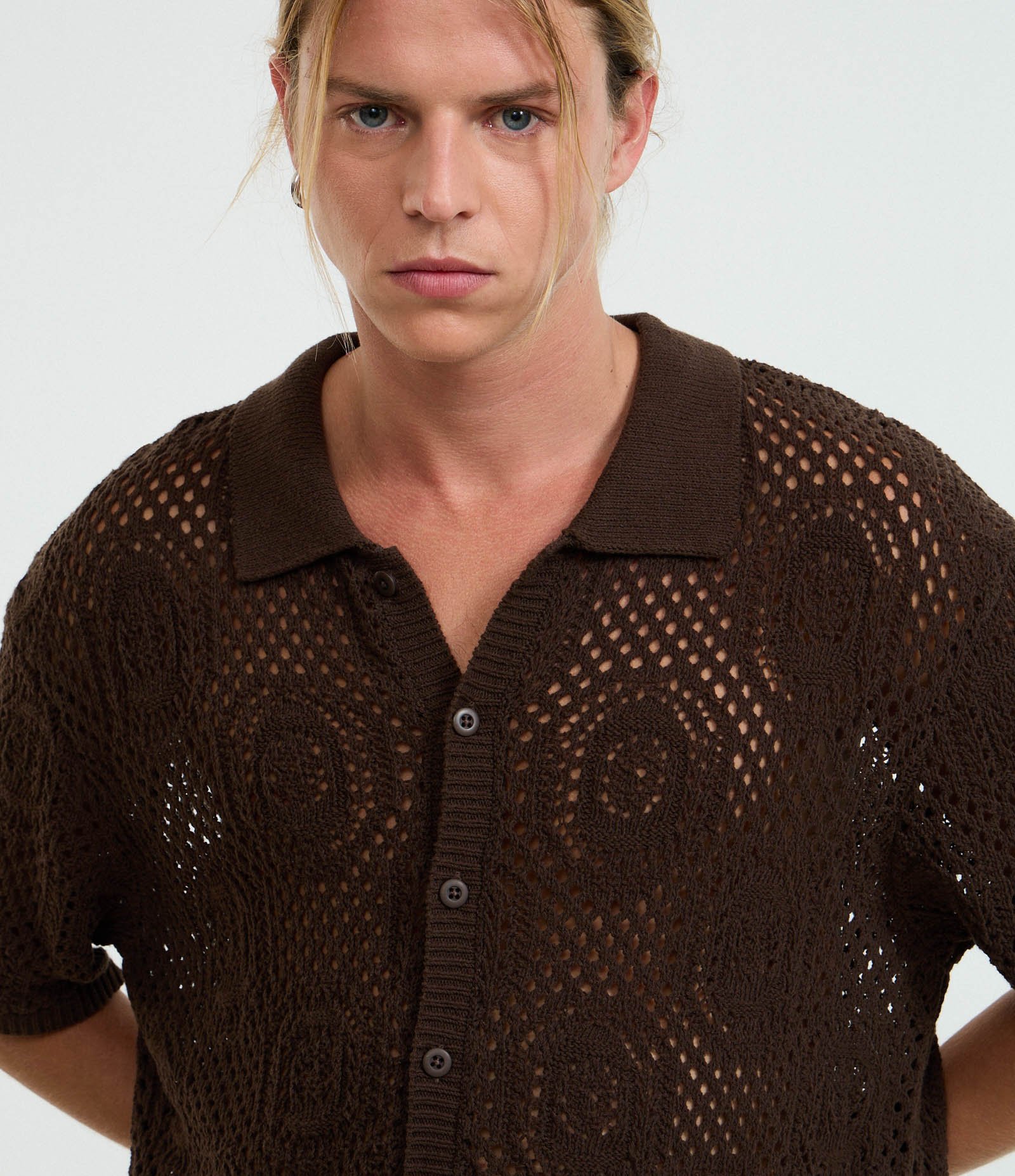 Camisa Boxy em Tricô com Textura Marrom 4