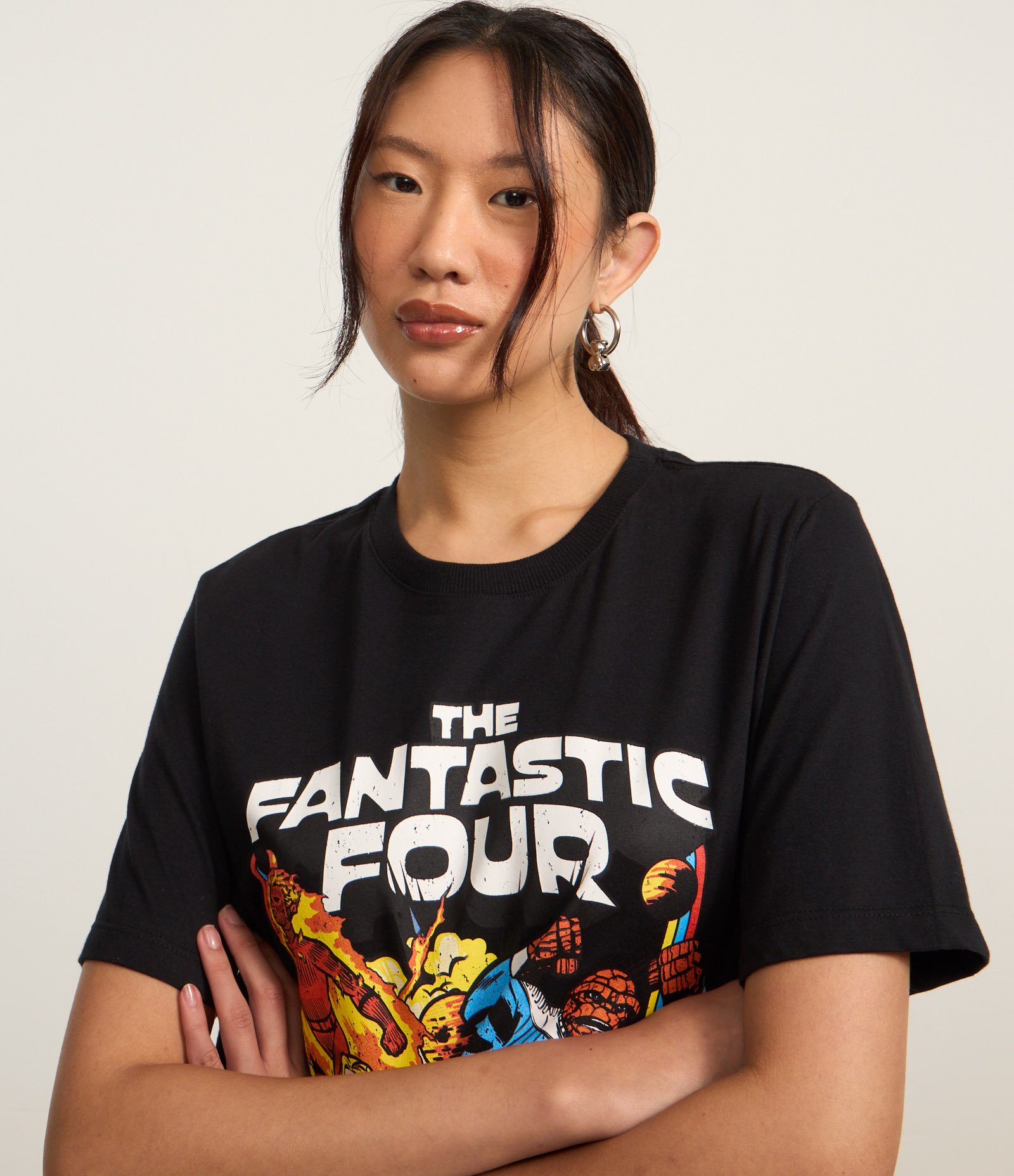 Camiseta Alongada em Algodão com Estampa The Fantastic Four Preto 3