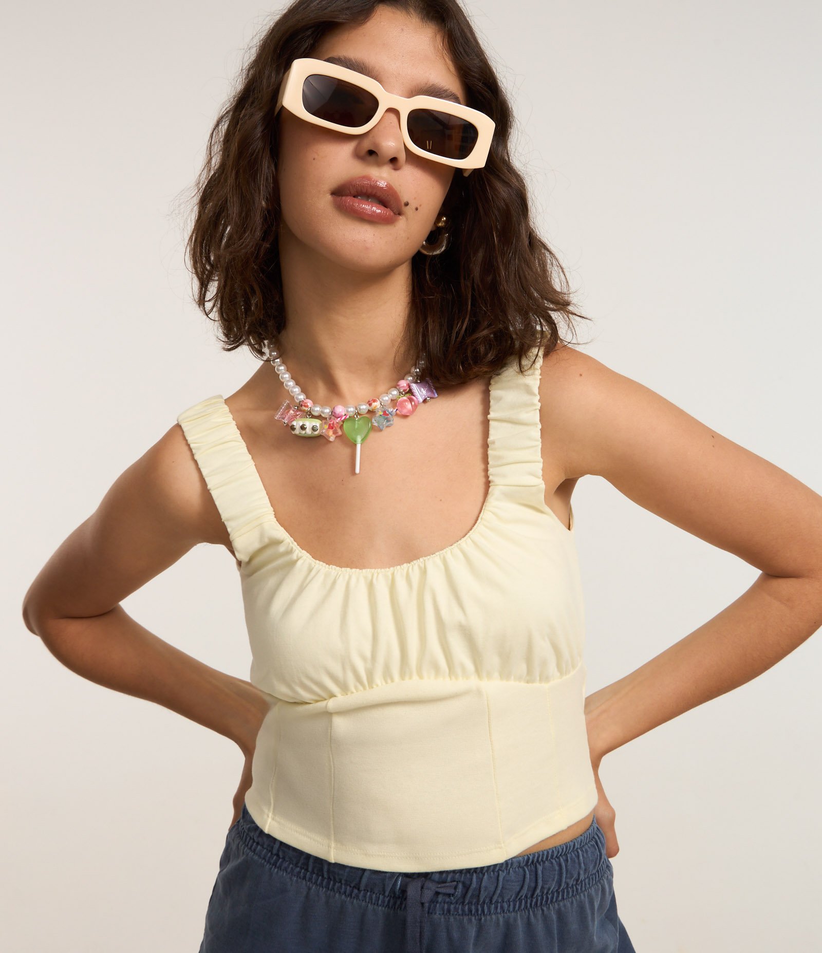 Blusa Corset em Cotton com Franzidos e Alça Larga Bege 1