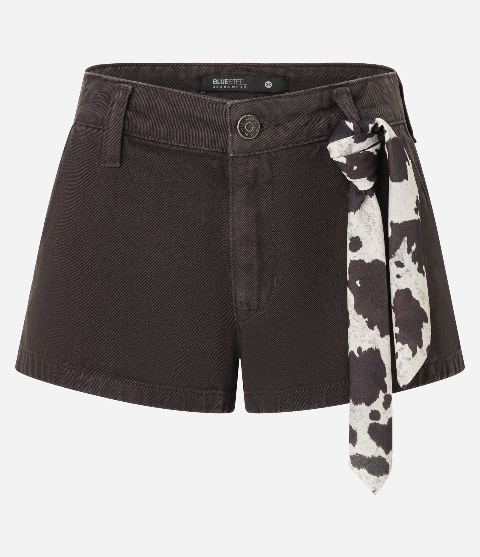 Short Curto em Sarja com Lenço Animal Print Vaca Marrom 5