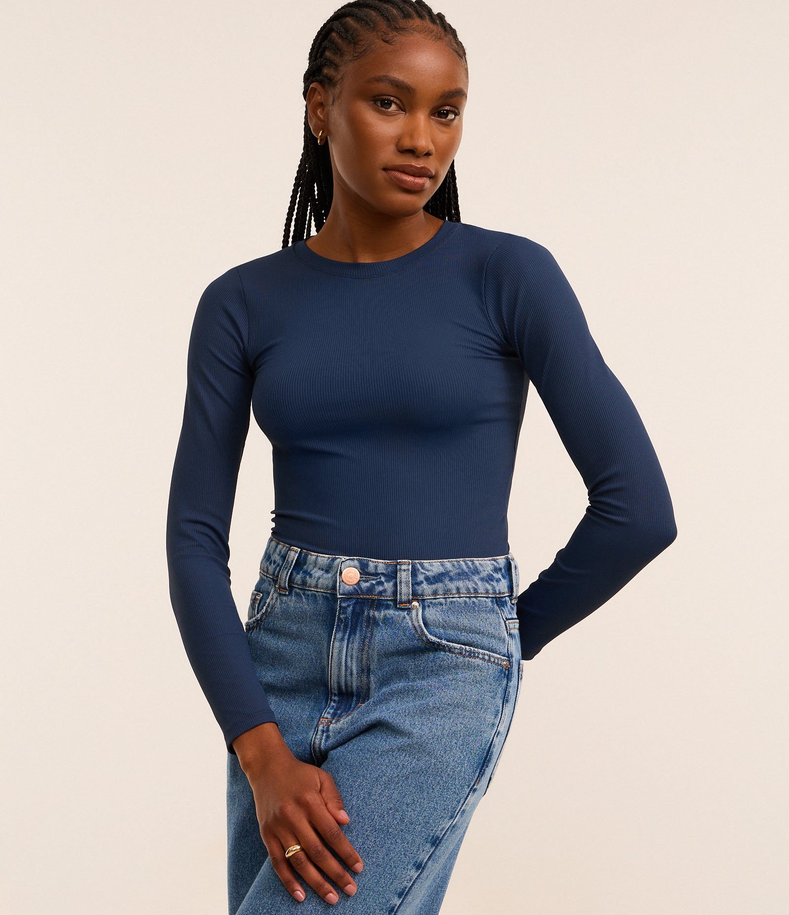 Blusa Manga Longa em Ribana de Poliamida Azul Marinho 4