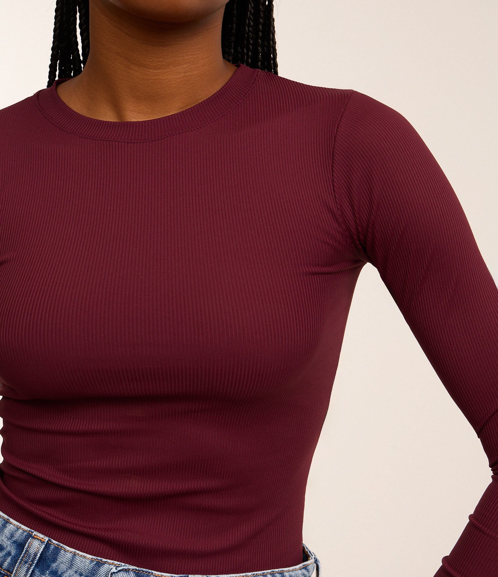 Blusa Manga Longa em Ribana de Poliamida Bordô 3