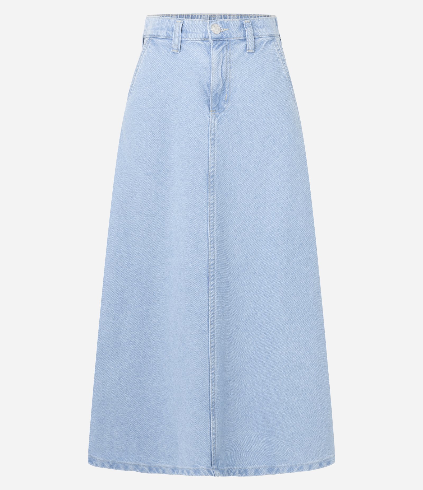 Saia Midi Evasê em Jeans com Recorte no Viés Azul Claro 5