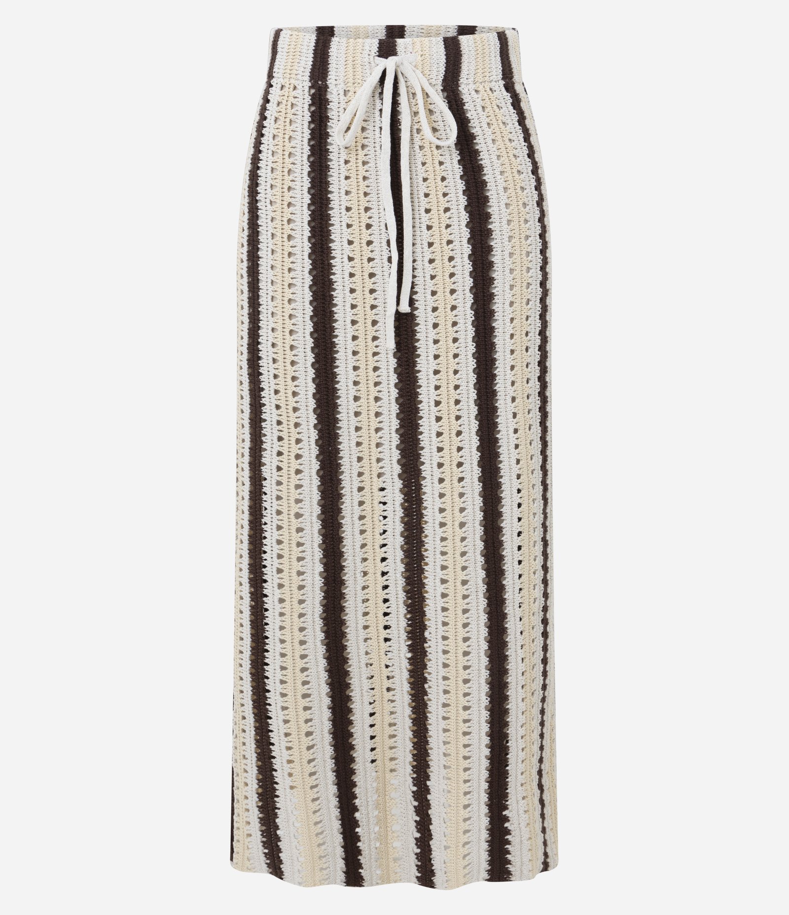 Saia Reta Listrada em Tricô de Efeito Crochê Marrom/Bege/Off White 8
