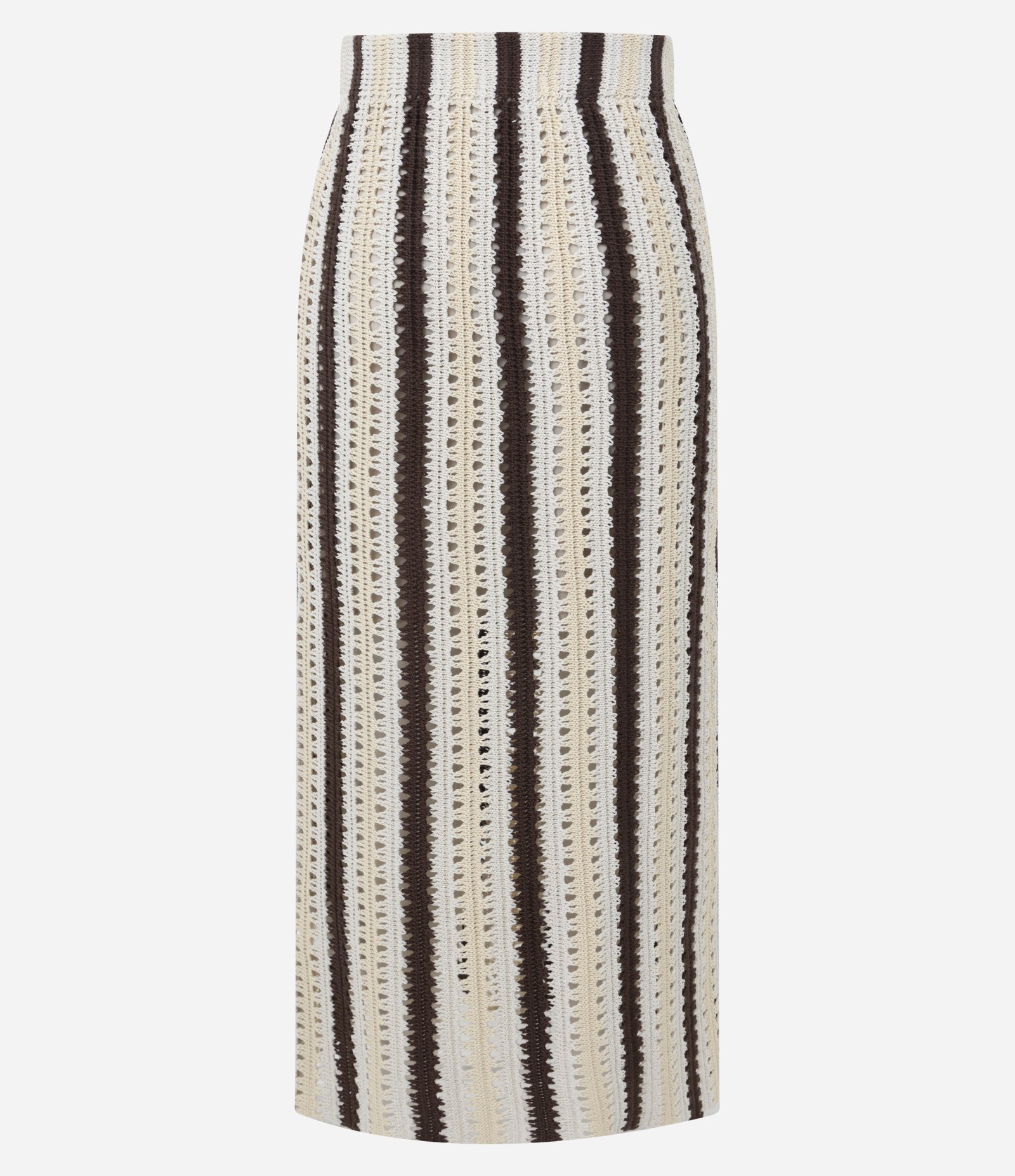 Saia Reta Listrada em Tricô de Efeito Crochê Marrom/Bege/Off White 10