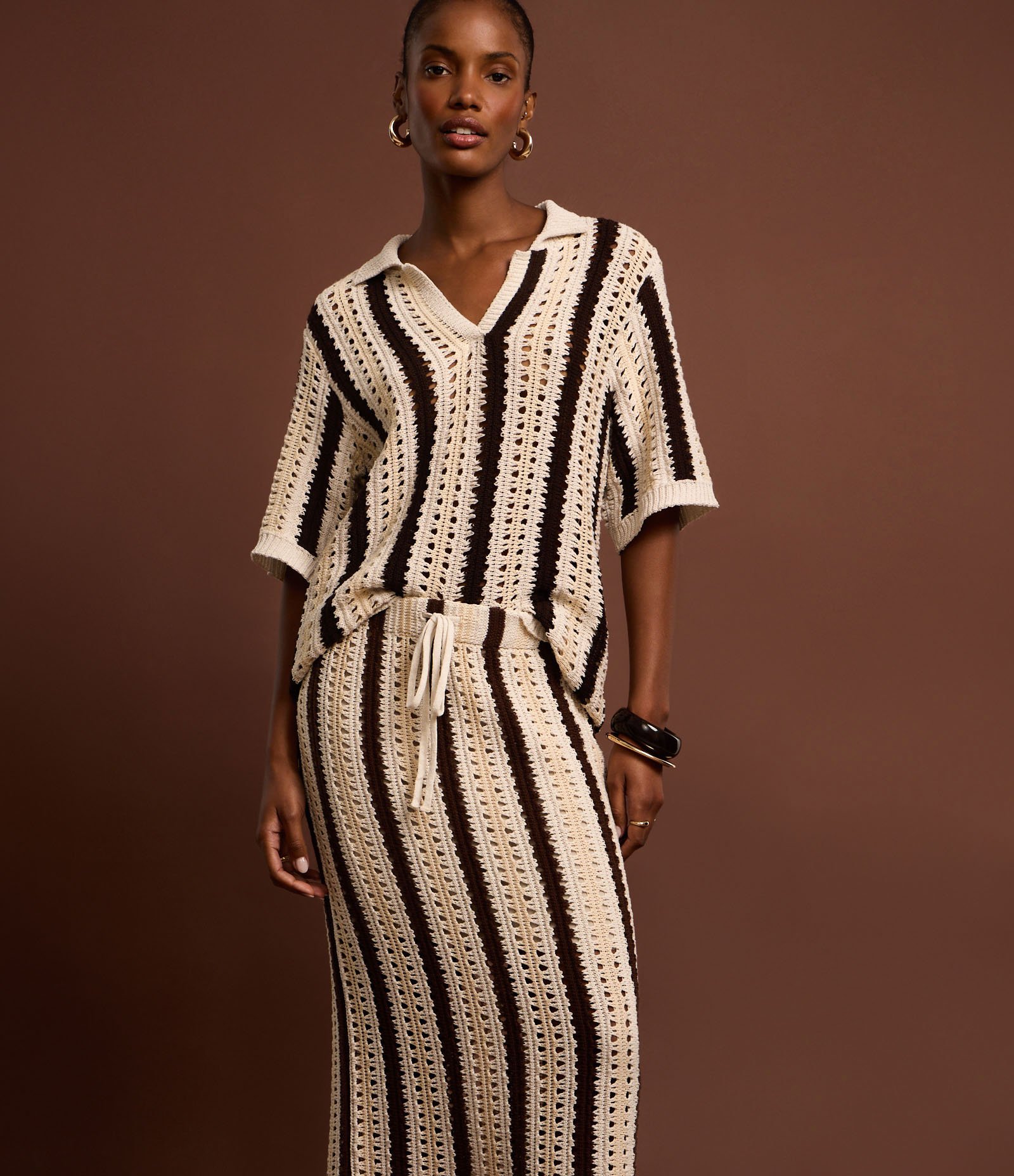 Saia Reta Listrada em Tricô de Efeito Crochê Marrom/Bege/Off White 6