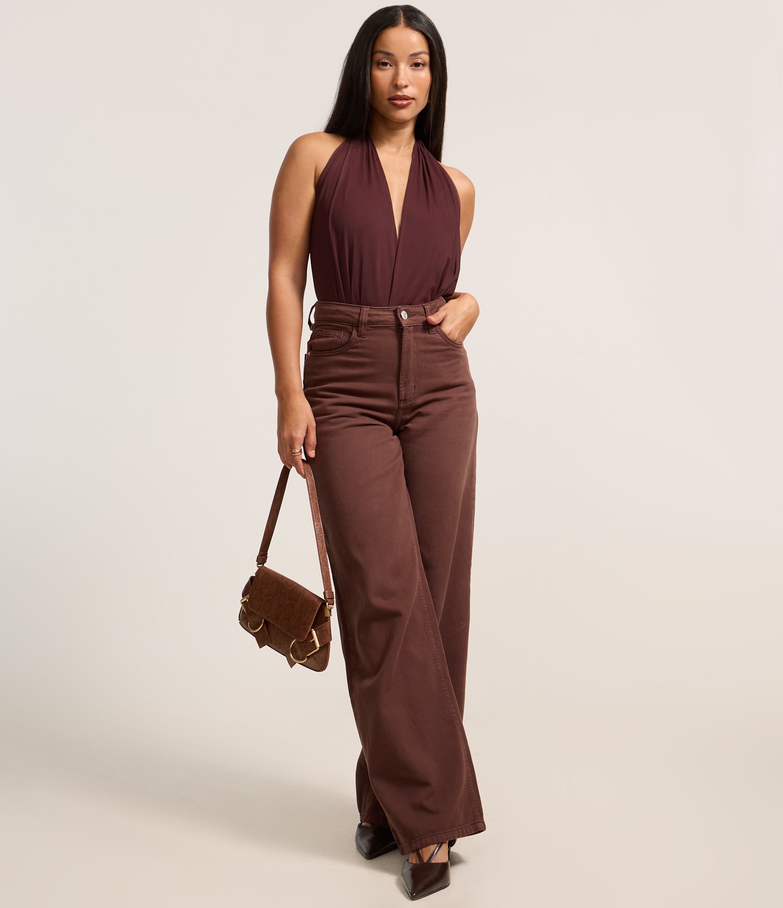 Body em Tule Frente Única com Costas Diferenciadas Marrom Escuro 2