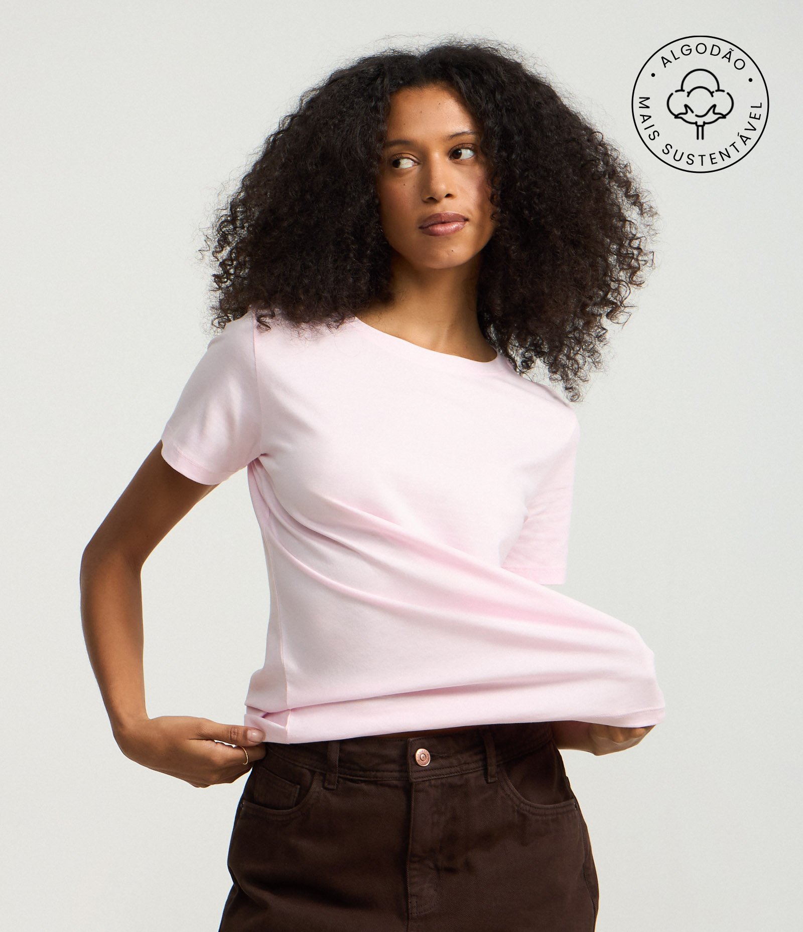 Camiseta Básica em Algodão com Manga Curta Rosa Claro 1