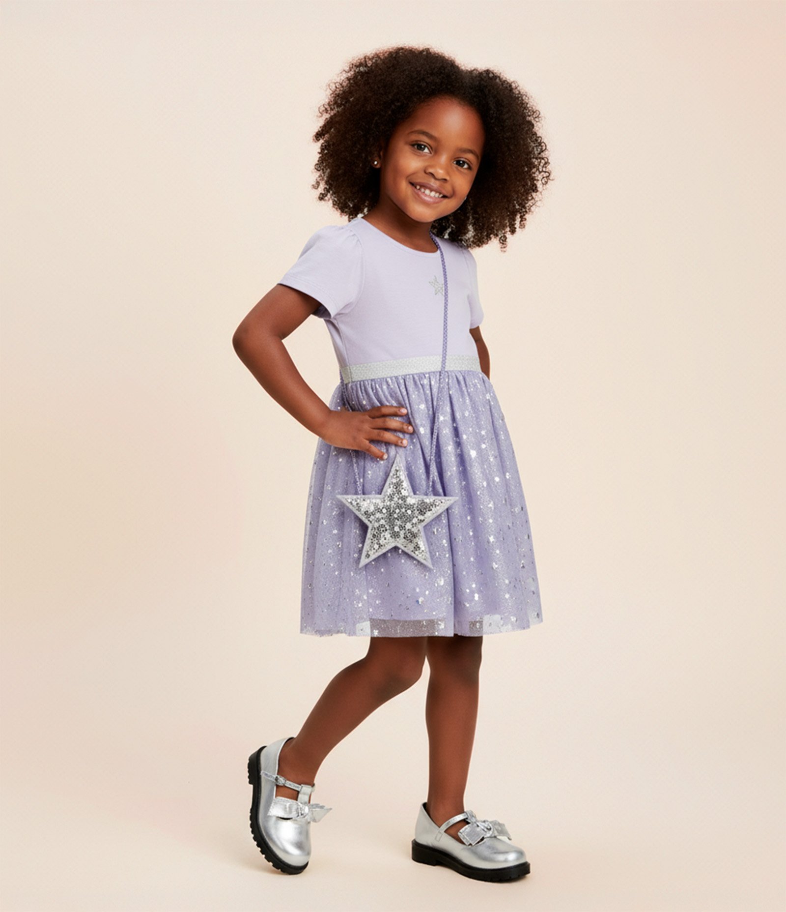 Vestido Infantil com Estampa de Estrela e Bolsinha - Tam 1 a 6 anos Roxo 1