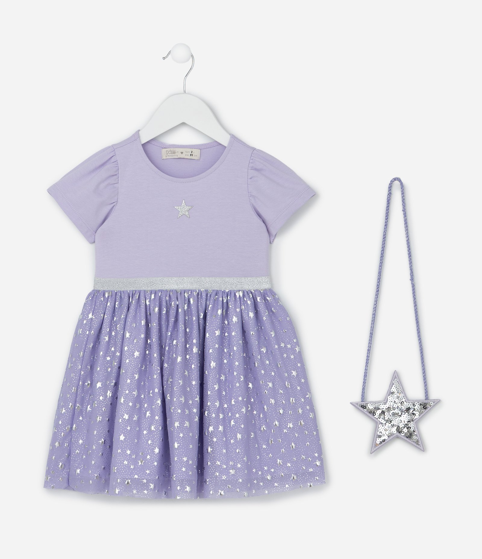 Vestido Infantil com Estampa de Estrela e Bolsinha - Tam 1 a 6 anos Roxo 2