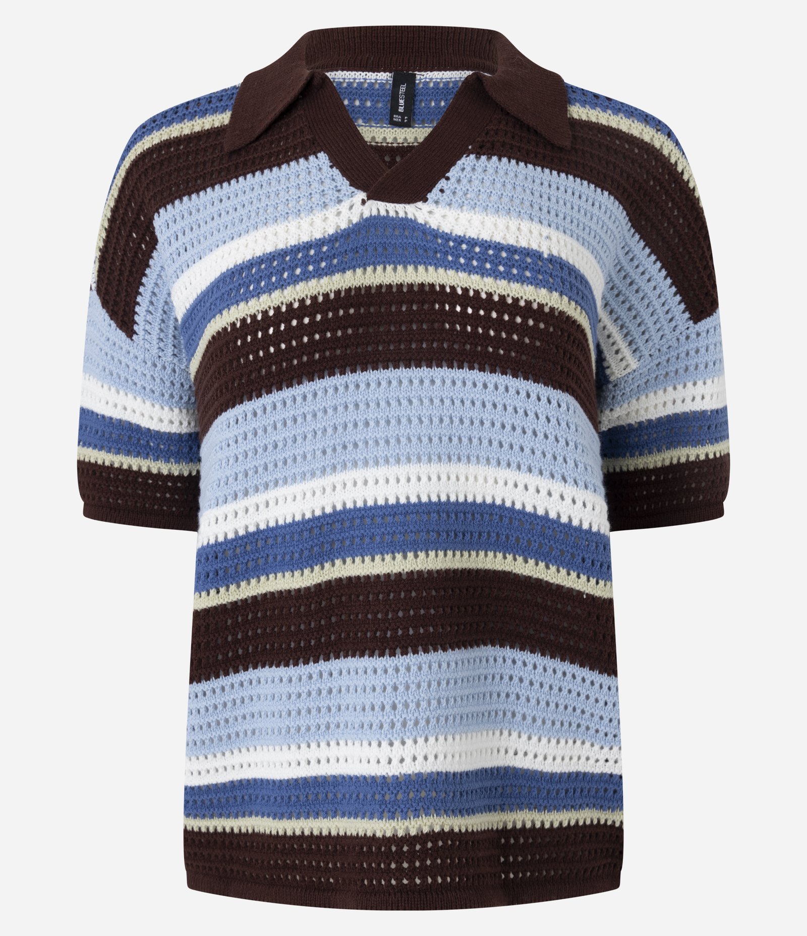 Camiseta Oversized de Tricô Listrado e Gola Polo Azul/Marrom 5