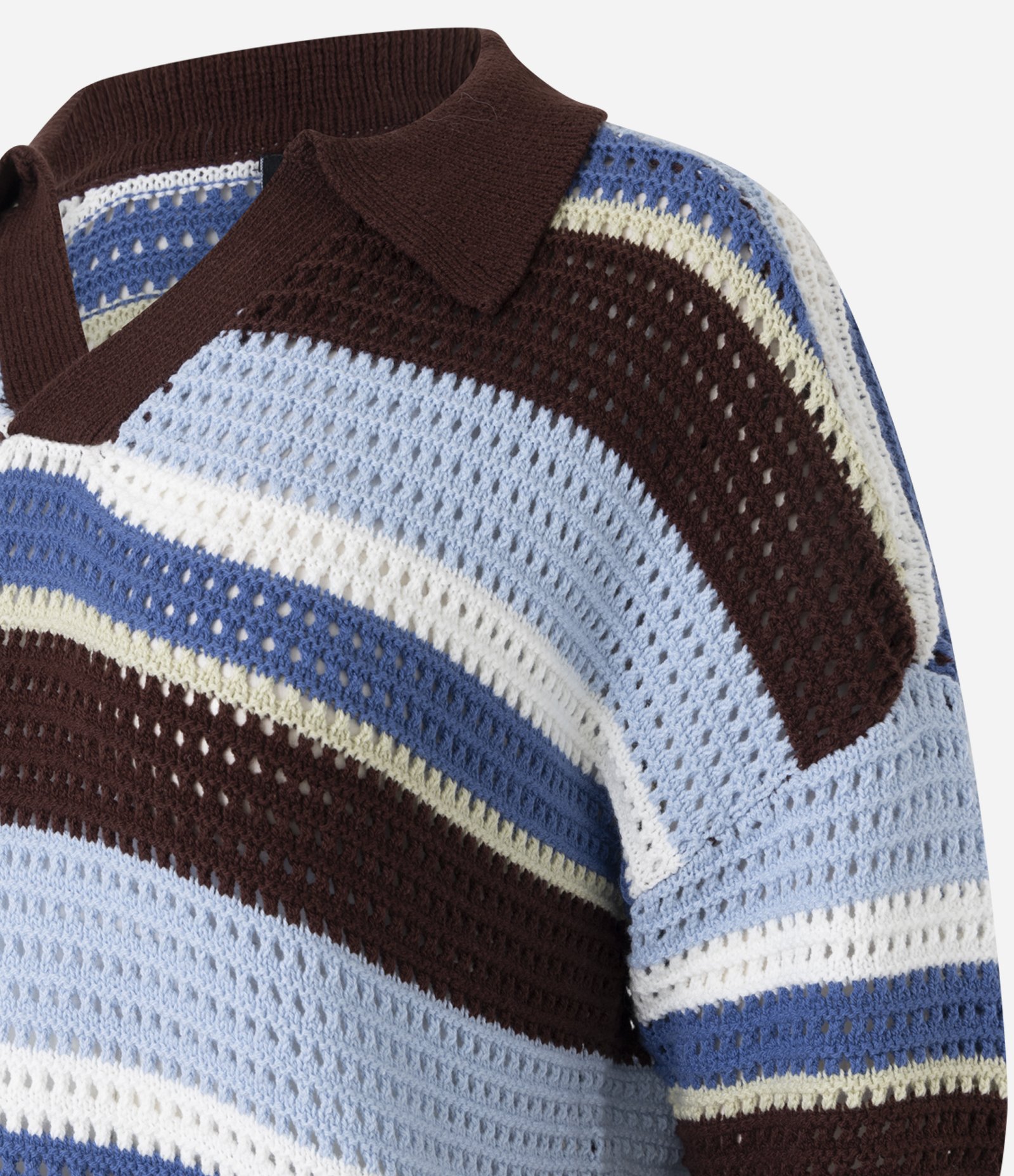 Camiseta Oversized de Tricô Listrado e Gola Polo Azul/Marrom 6