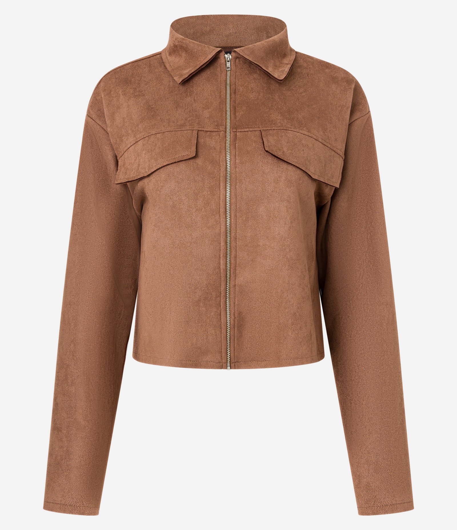 Jaqueta em Suedine com Gola de Lapela e Bolsos Fake Marrom 1
