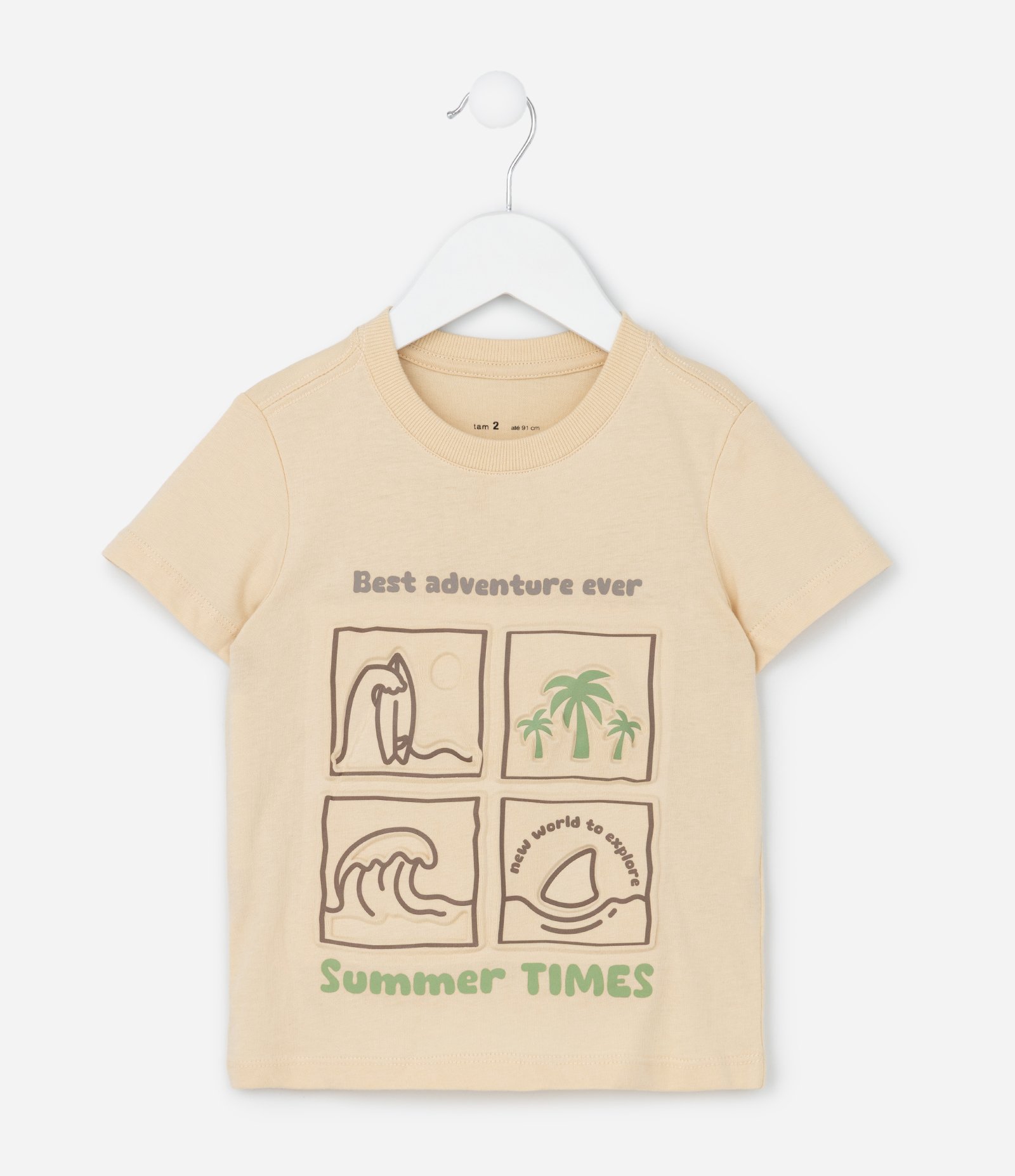Camiseta Infantil com Estampa Praia em Relevo - Tam 1 a 6 Anos Bege 2