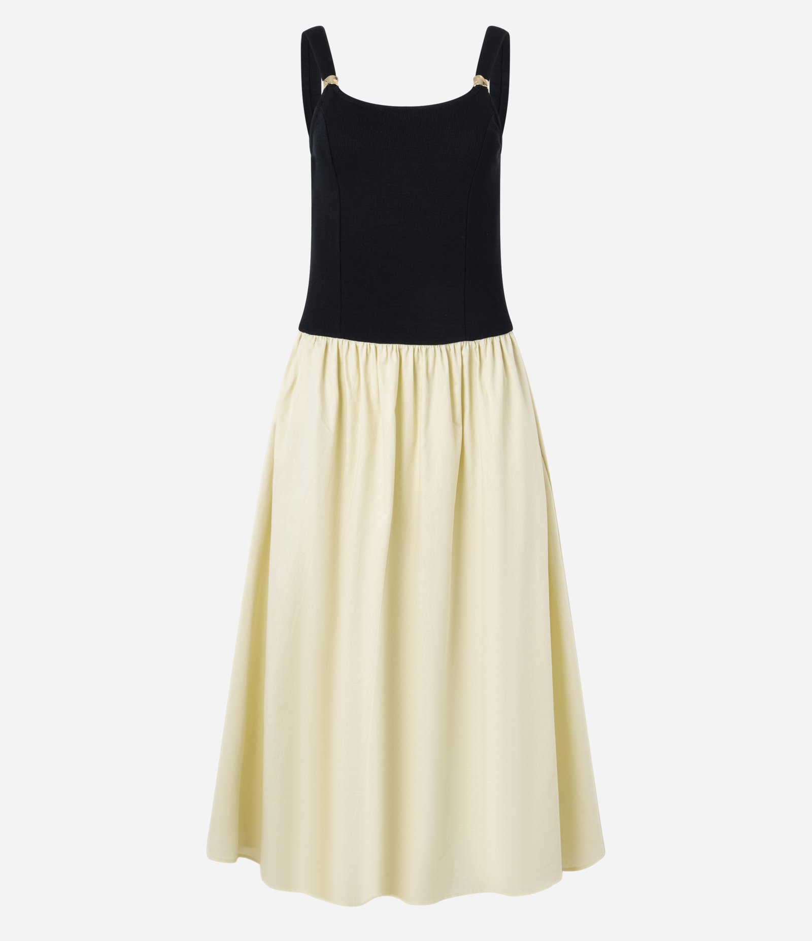 Vestido Hi-Lo com Busto Canelado e Saia Rodada Preto/Off White 7