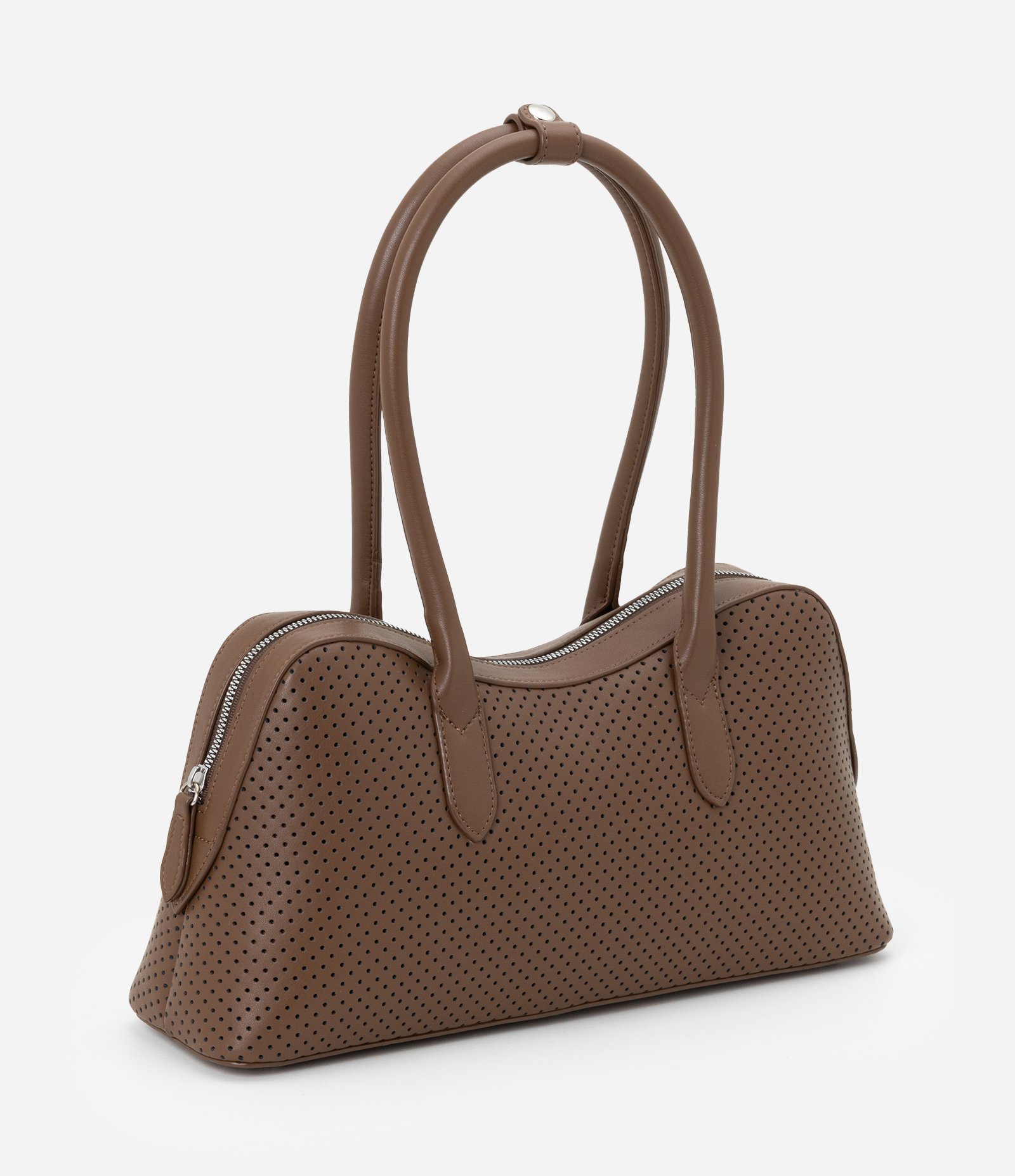 Bolsa Satchel com Textura de Furinhos e Recorte Arredondado Marrom Escuro-AC 1