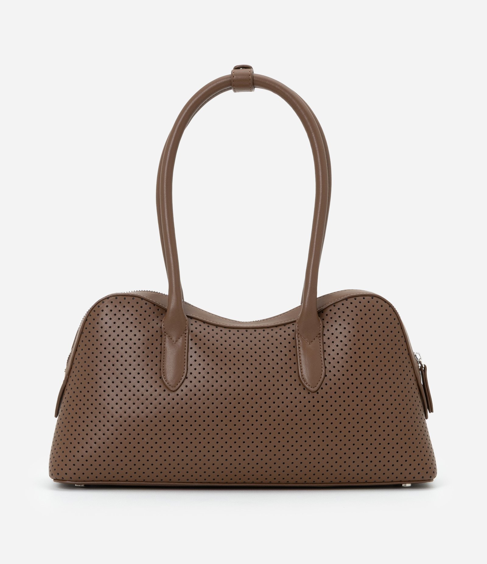 Bolsa Satchel com Textura de Furinhos e Recorte Arredondado Marrom Escuro-AC 3