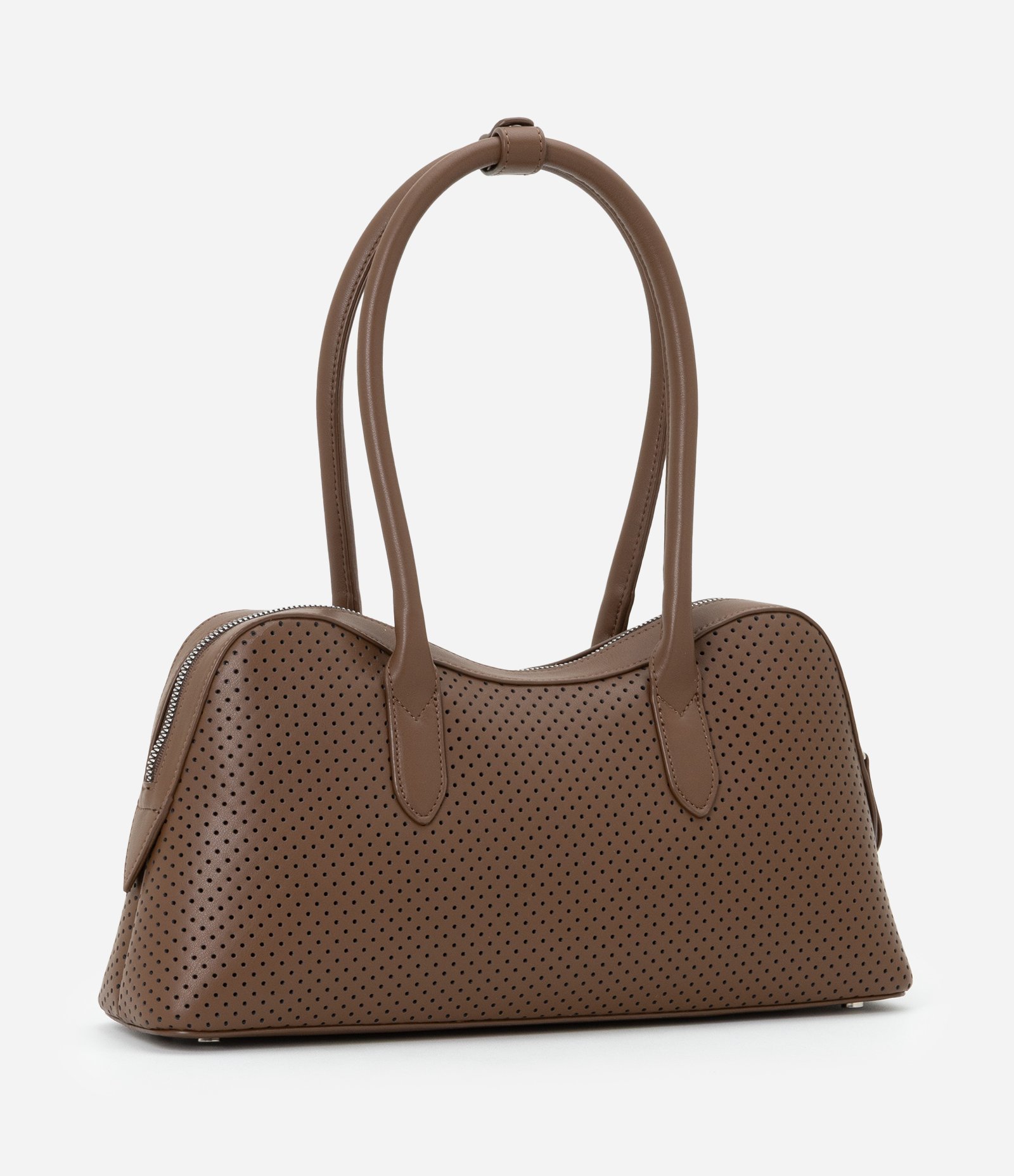 Bolsa Satchel com Textura de Furinhos e Recorte Arredondado Marrom Escuro-AC 4