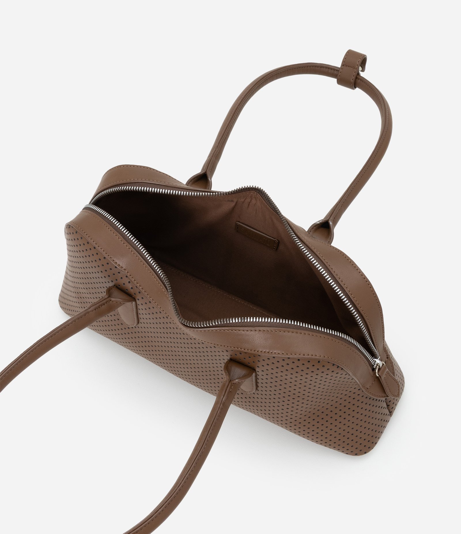 Bolsa Satchel com Textura de Furinhos e Recorte Arredondado Marrom Escuro-AC 7