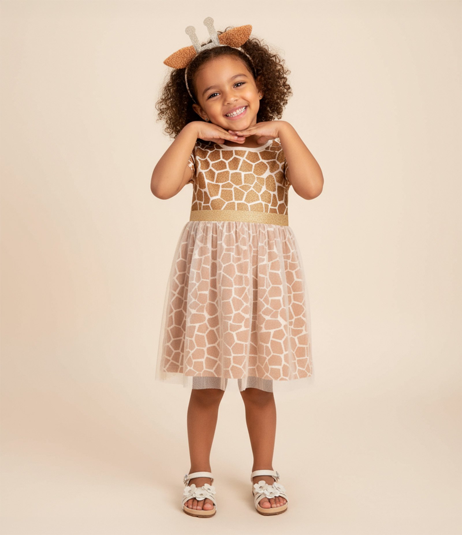 Vestido Infantil com Estampa e Tiara Girafa - Tam 1 a 6 anos Bege/Dourado 1