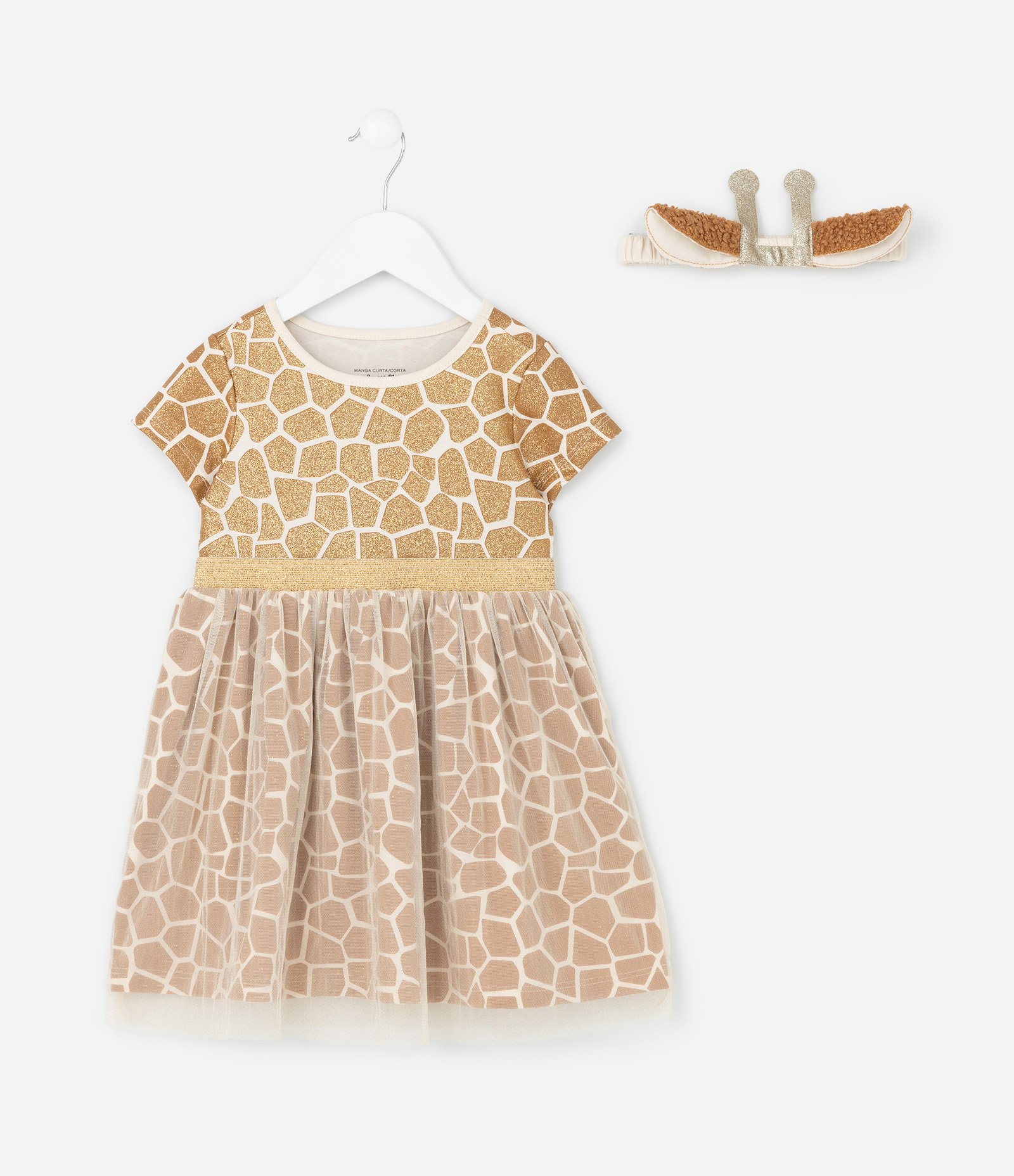 Vestido Infantil com Estampa e Tiara Girafa - Tam 1 a 6 anos Bege/Dourado 2