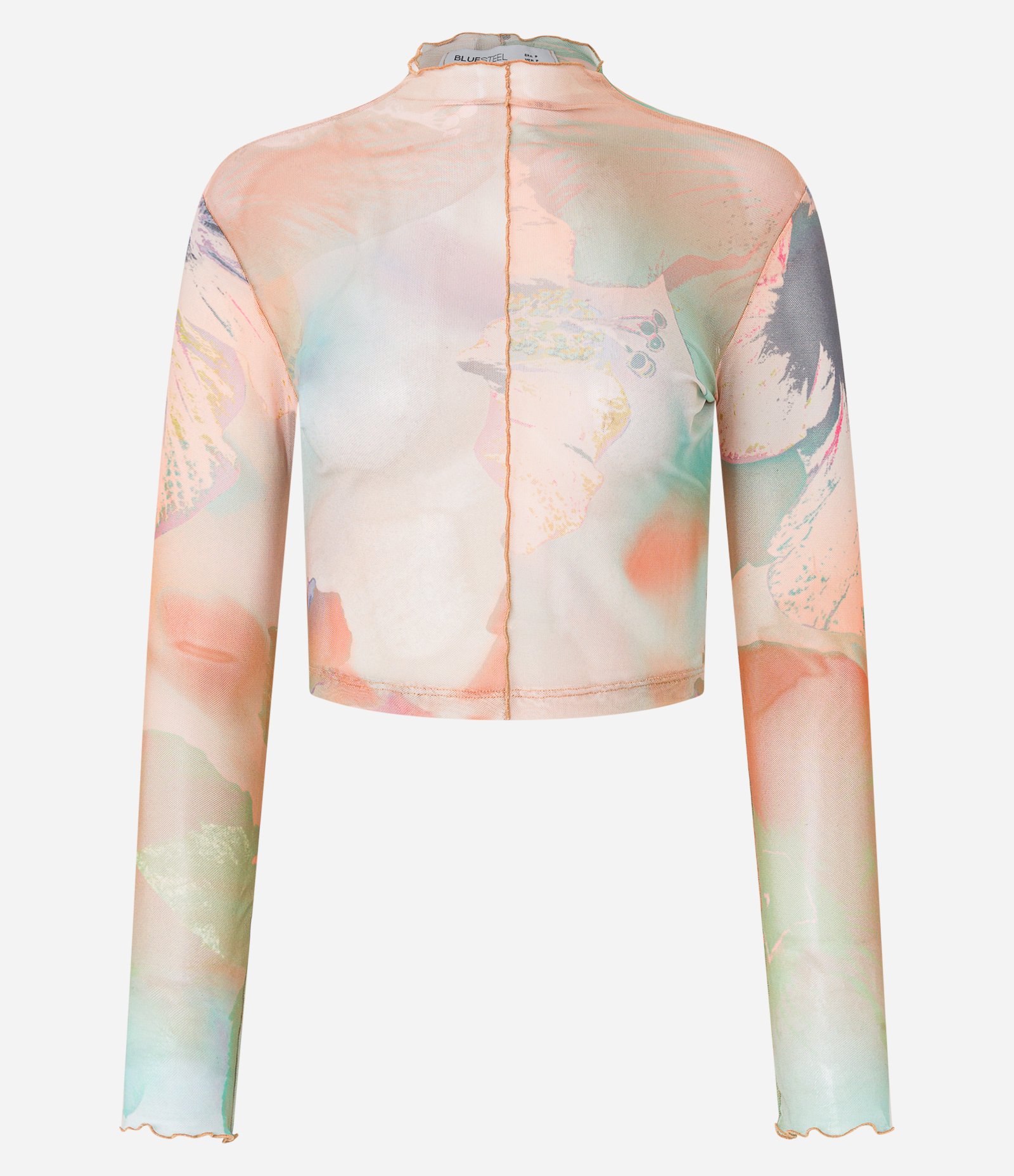 Blusa em Tule Floral com Hibiscos e Golinha Alta Bege 4