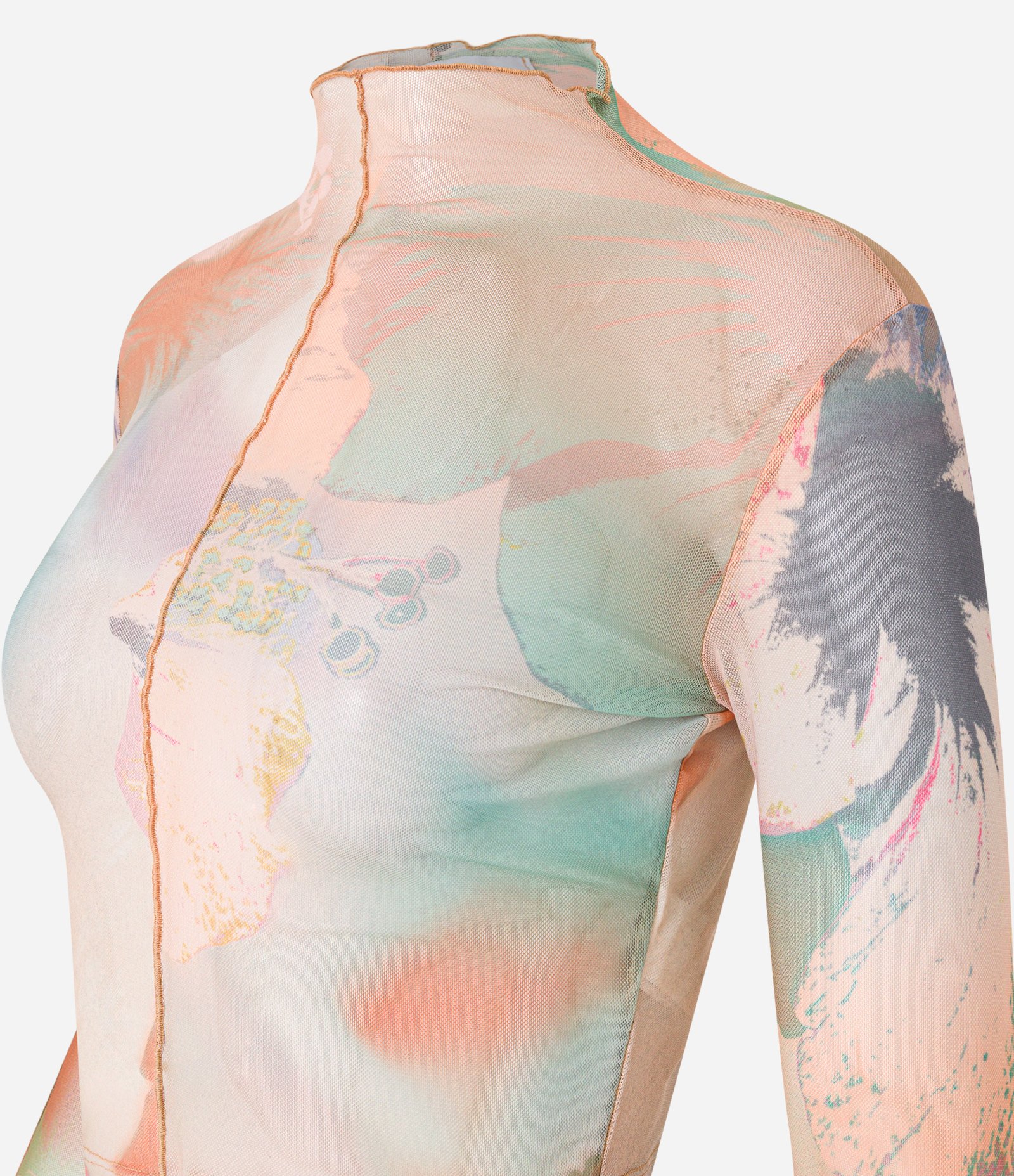 Blusa em Tule Floral com Hibiscos e Golinha Alta Bege 5