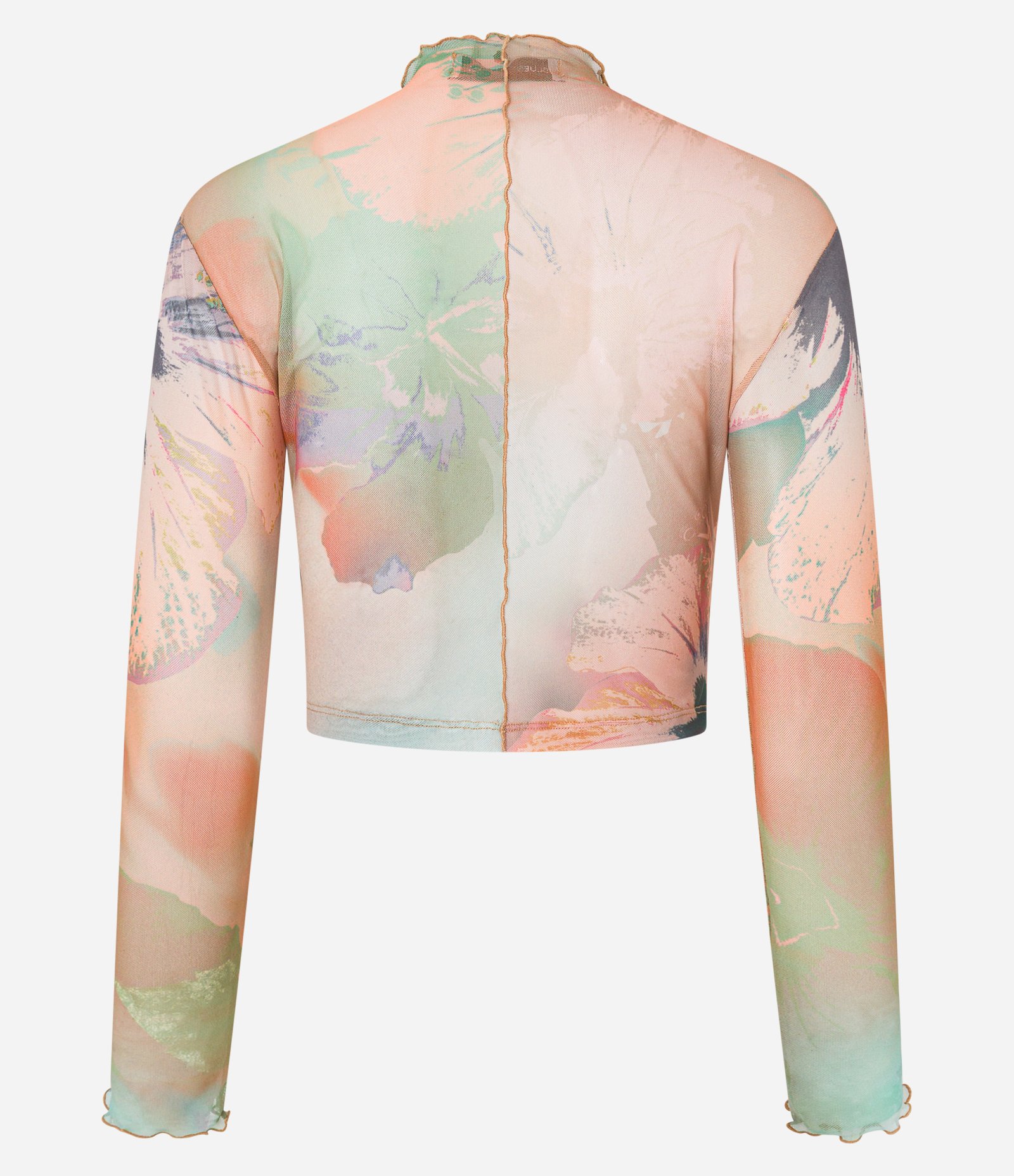 Blusa em Tule Floral com Hibiscos e Golinha Alta Bege 6