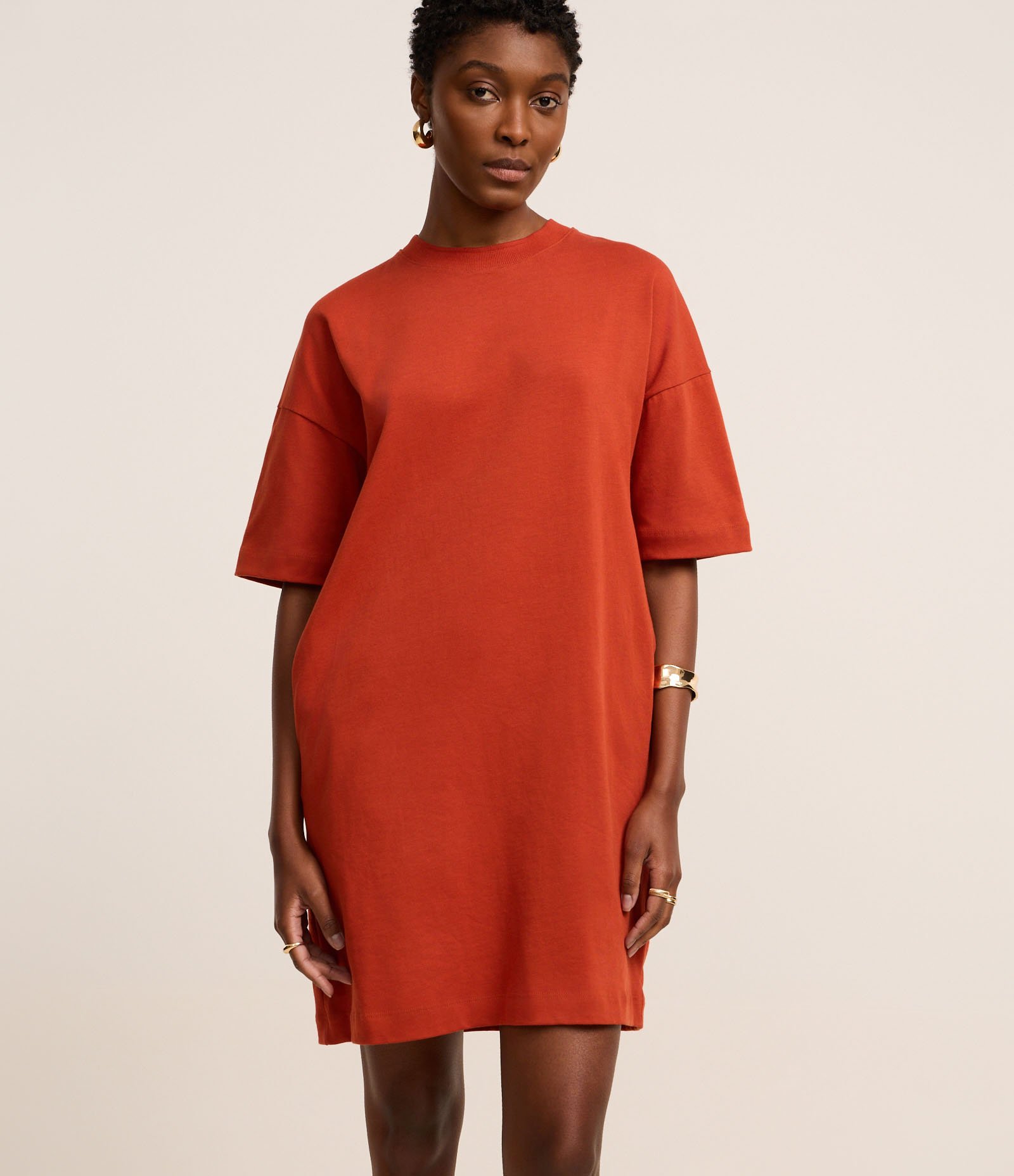 Vestido T-Shirt Básico em Algodão com Manga Curta Terracota 1