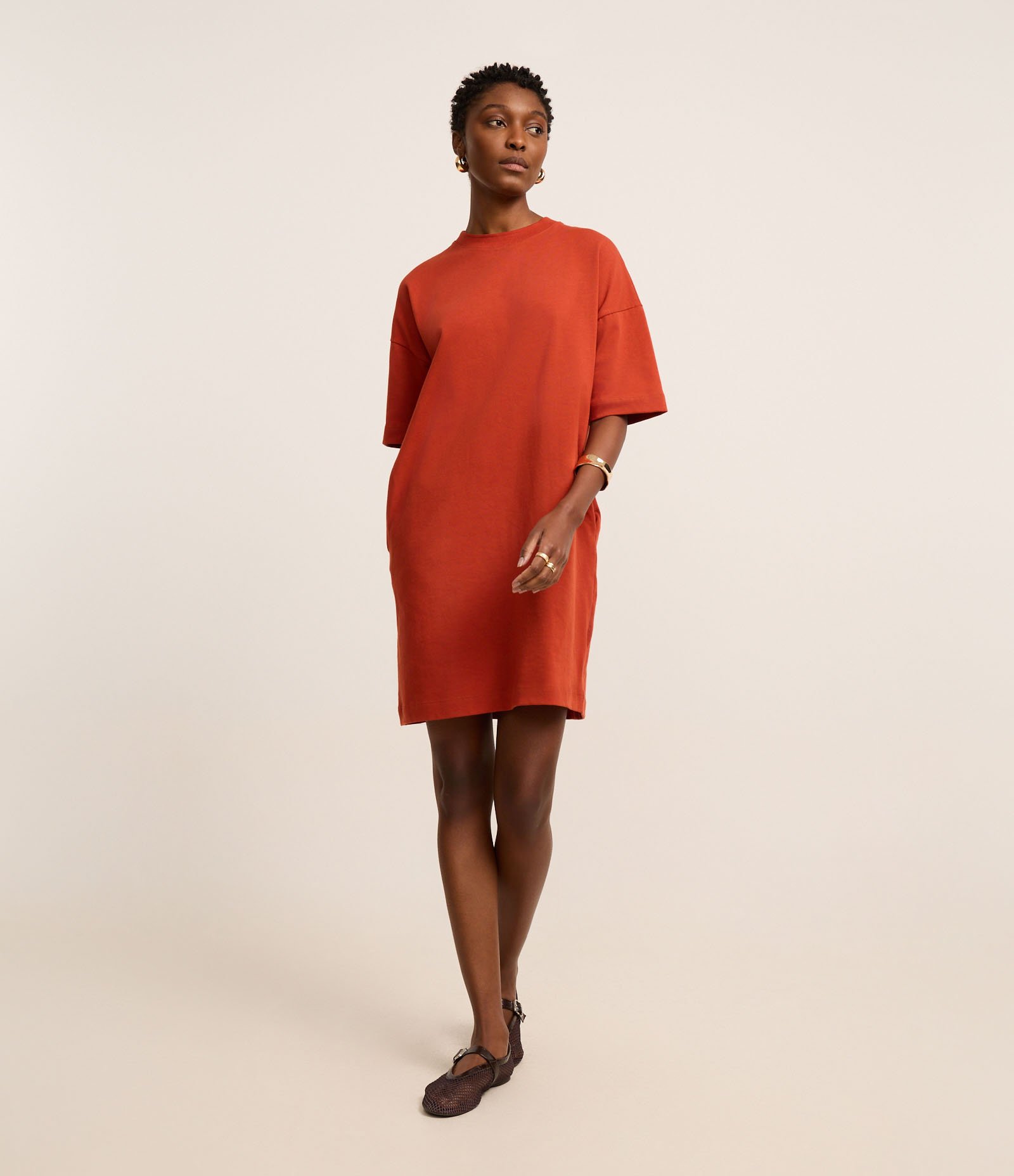 Vestido T-Shirt Básico em Algodão com Manga Curta Terracota 2