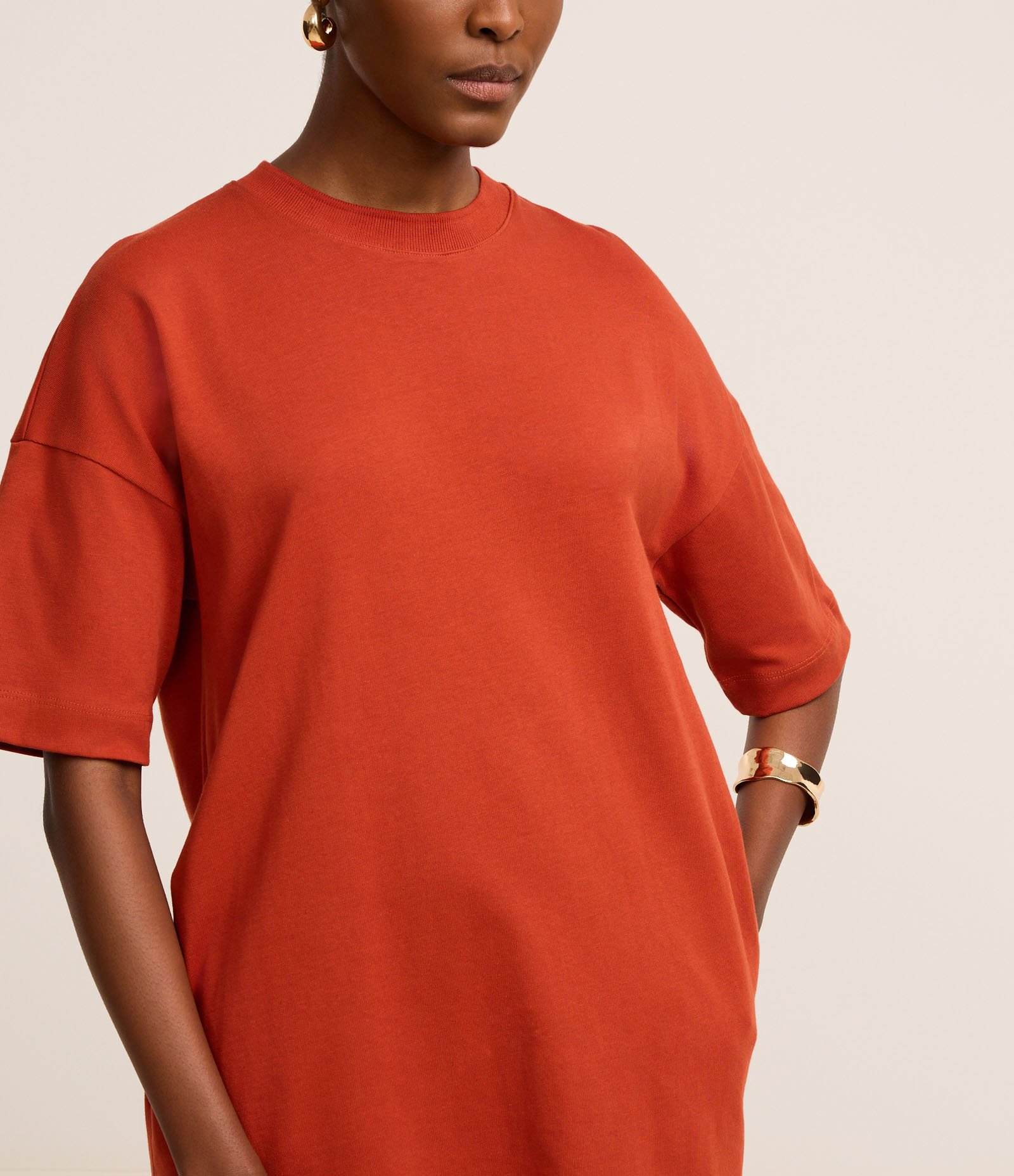 Vestido T-Shirt Básico em Algodão com Manga Curta Terracota 4