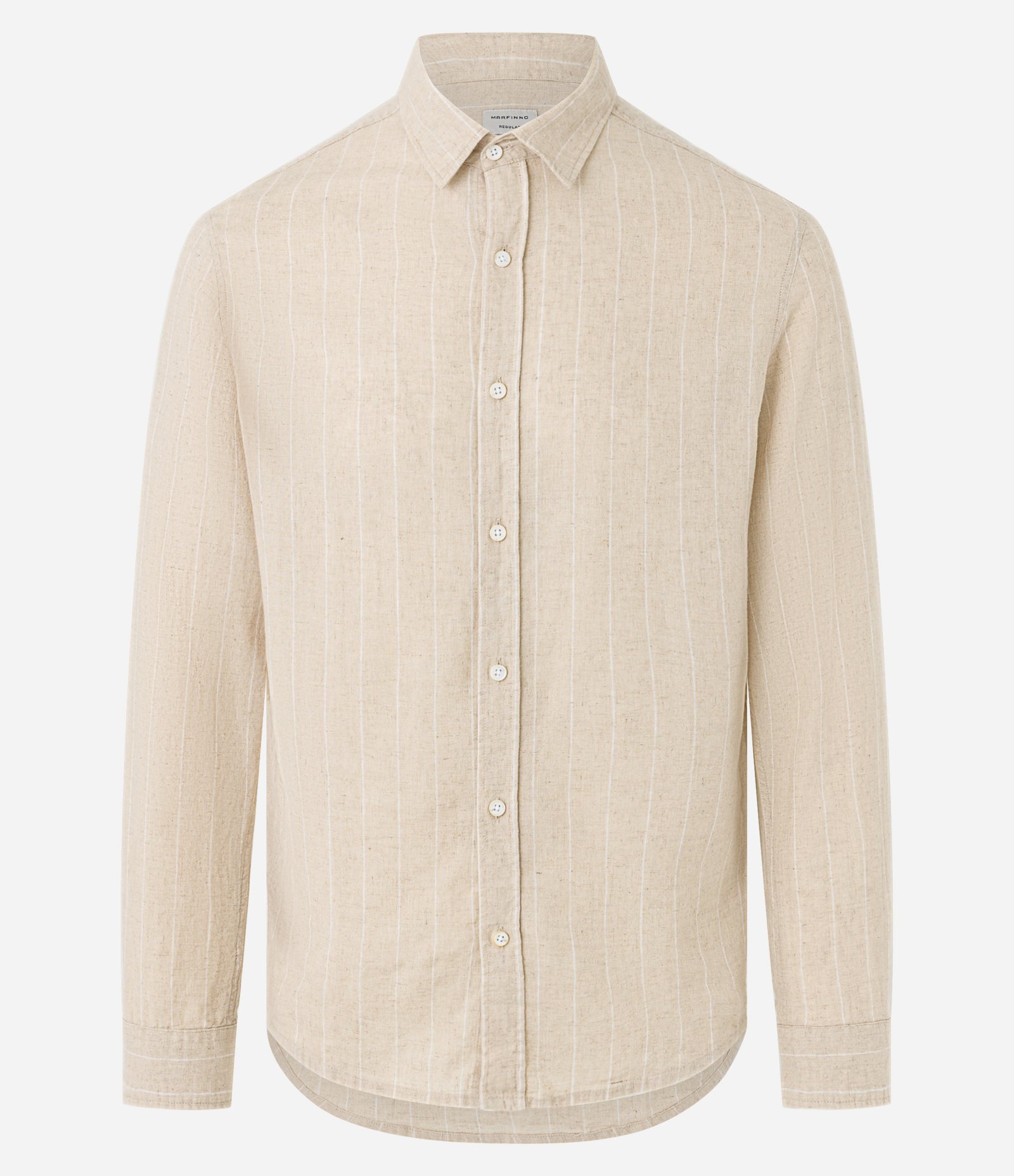 Camisa Regular em Linho com Estampa de Listra Fio Tinto e Texturizada Bege 6