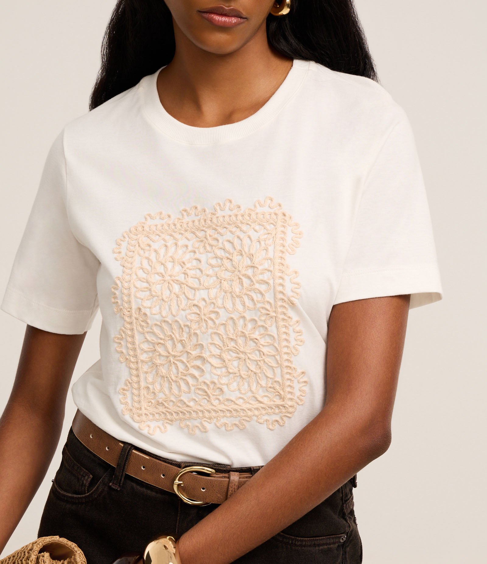 Camiseta em Algodão com Bordado Floral e Gola Redonda Branco 1