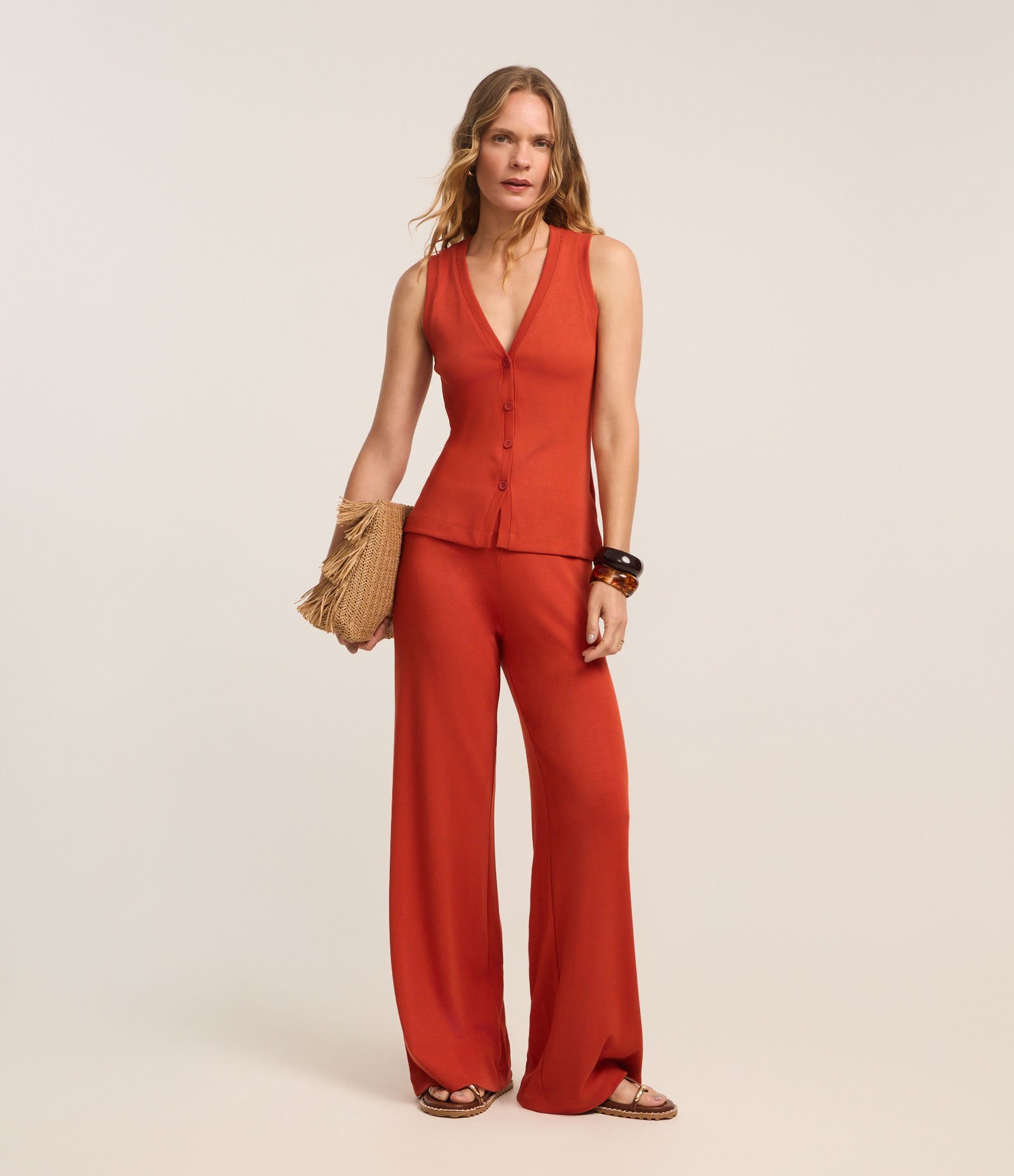 Blusa Colete Canelada em Ribana com Abotoamento Laranja 2