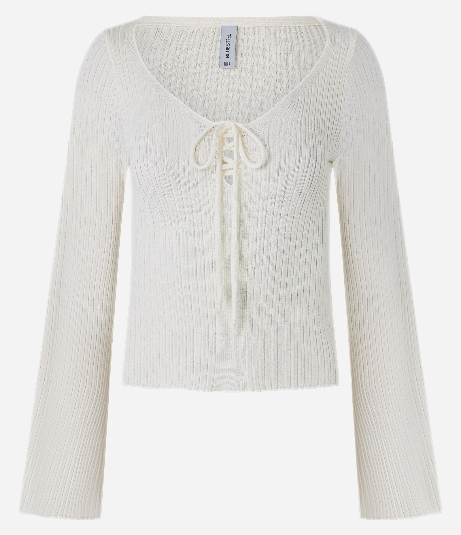Blusa Canelada em Tricô com Amarração e Punho Amplo Off White 3