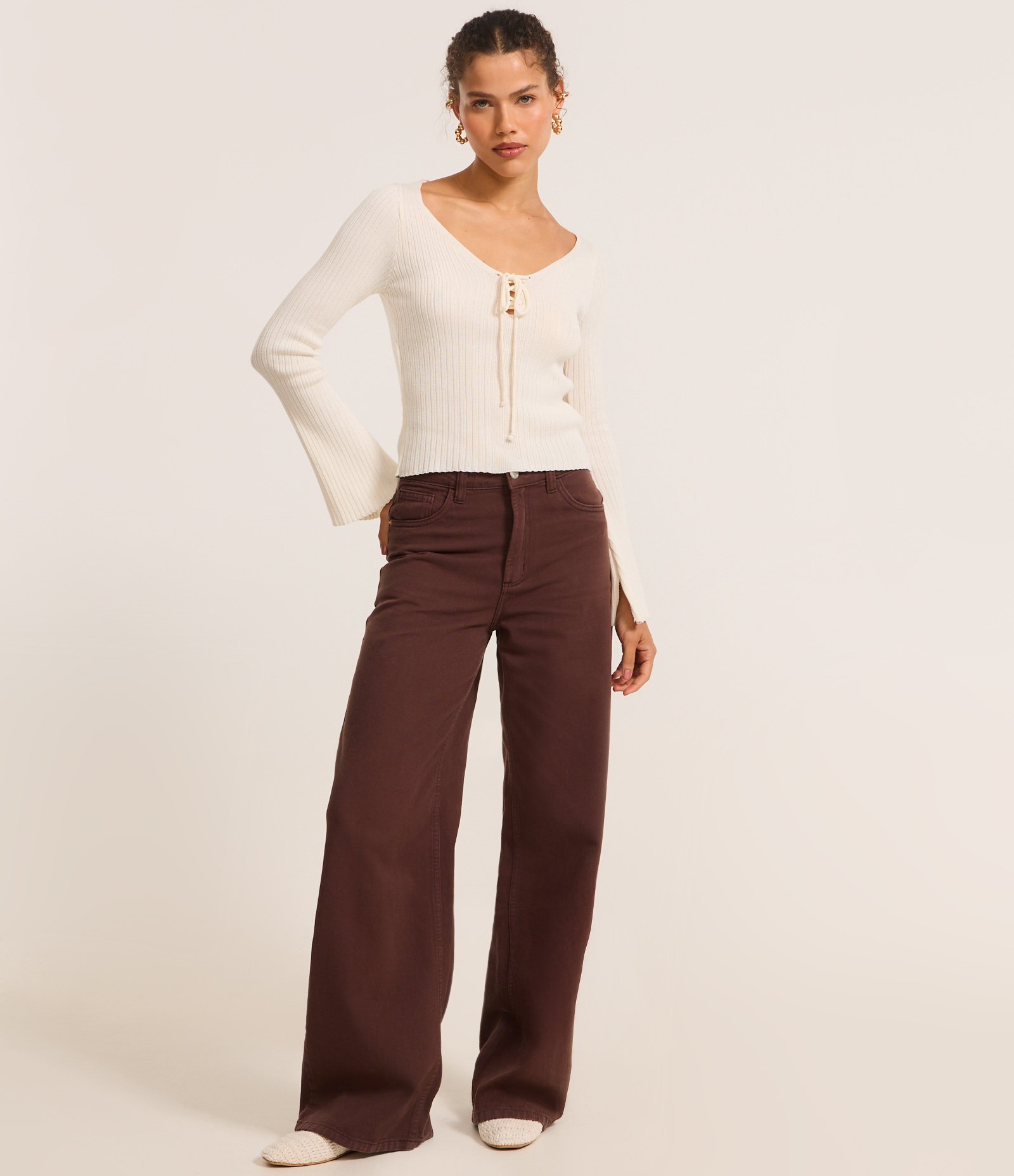 Blusa Canelada em Tricô com Amarração e Punho Amplo Off White 2